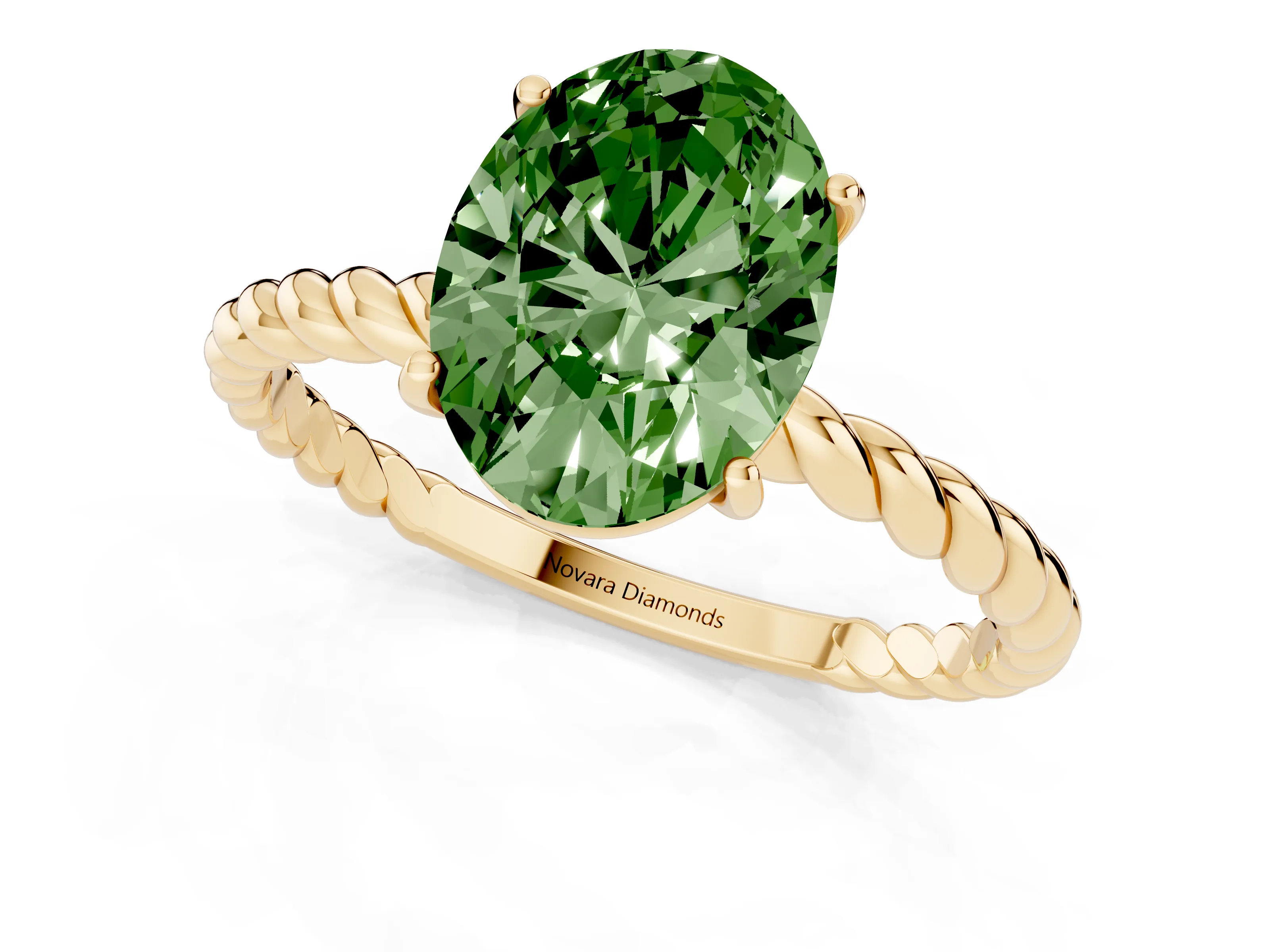 Fancy Green Oval Cut Diamond Solitaire Ring Set in Yellow gold with Twist Band and Prong Setting