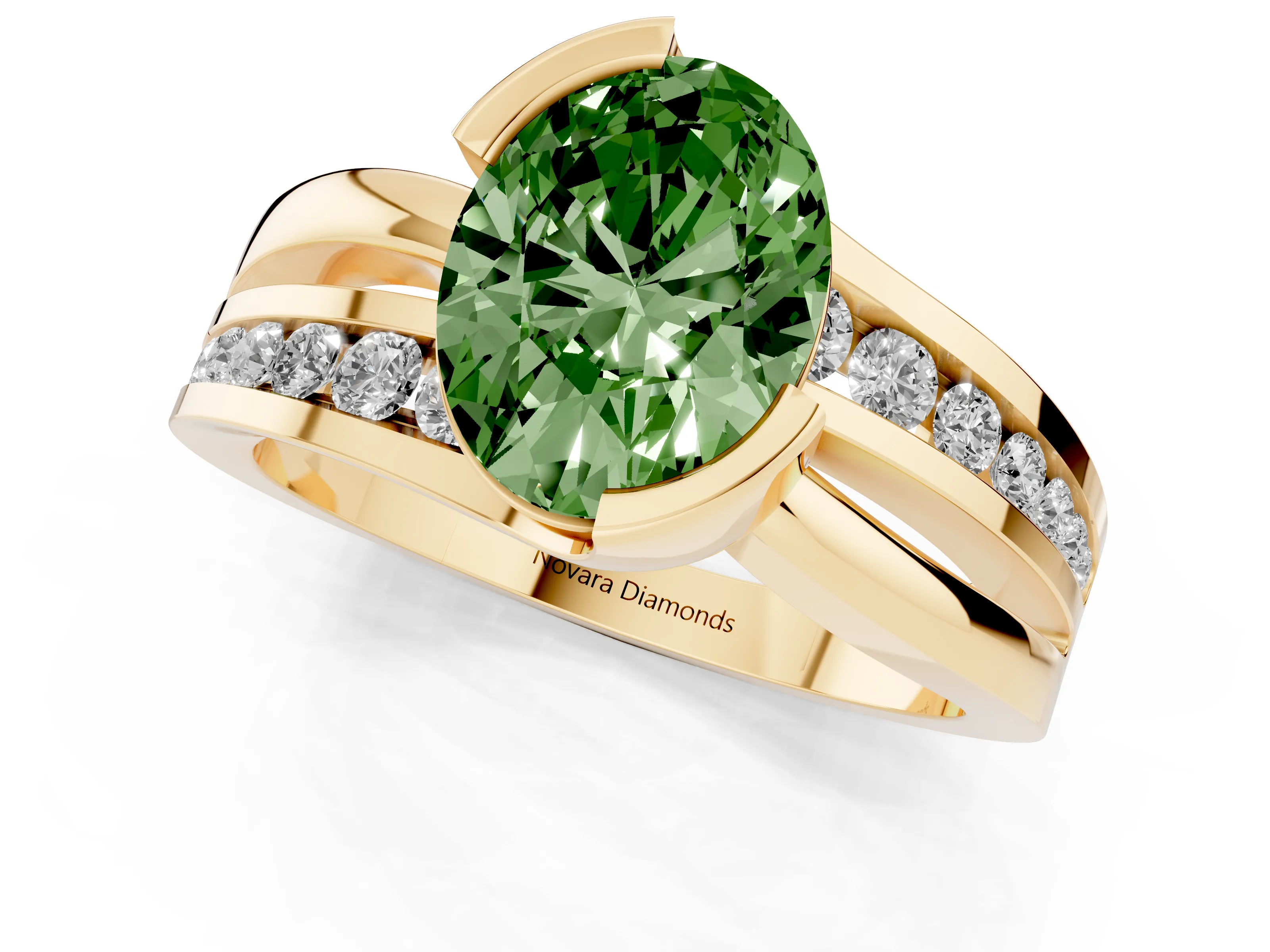 Fancy Green Oval Cut Diamond Solitaire Ring Set in Yellow gold with Channel Set Split Shank and Tension Prongs