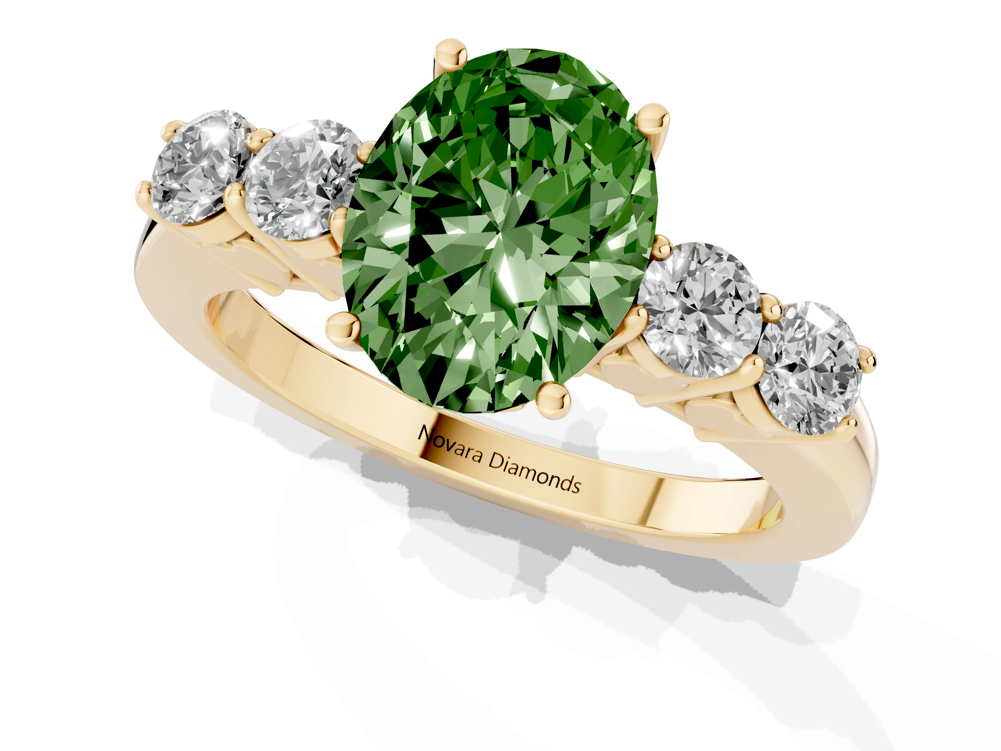 Fancy Green Oval Cut Diamond Five-Stone Prong Set Band Ring Set in Yellow gold with Polished Band