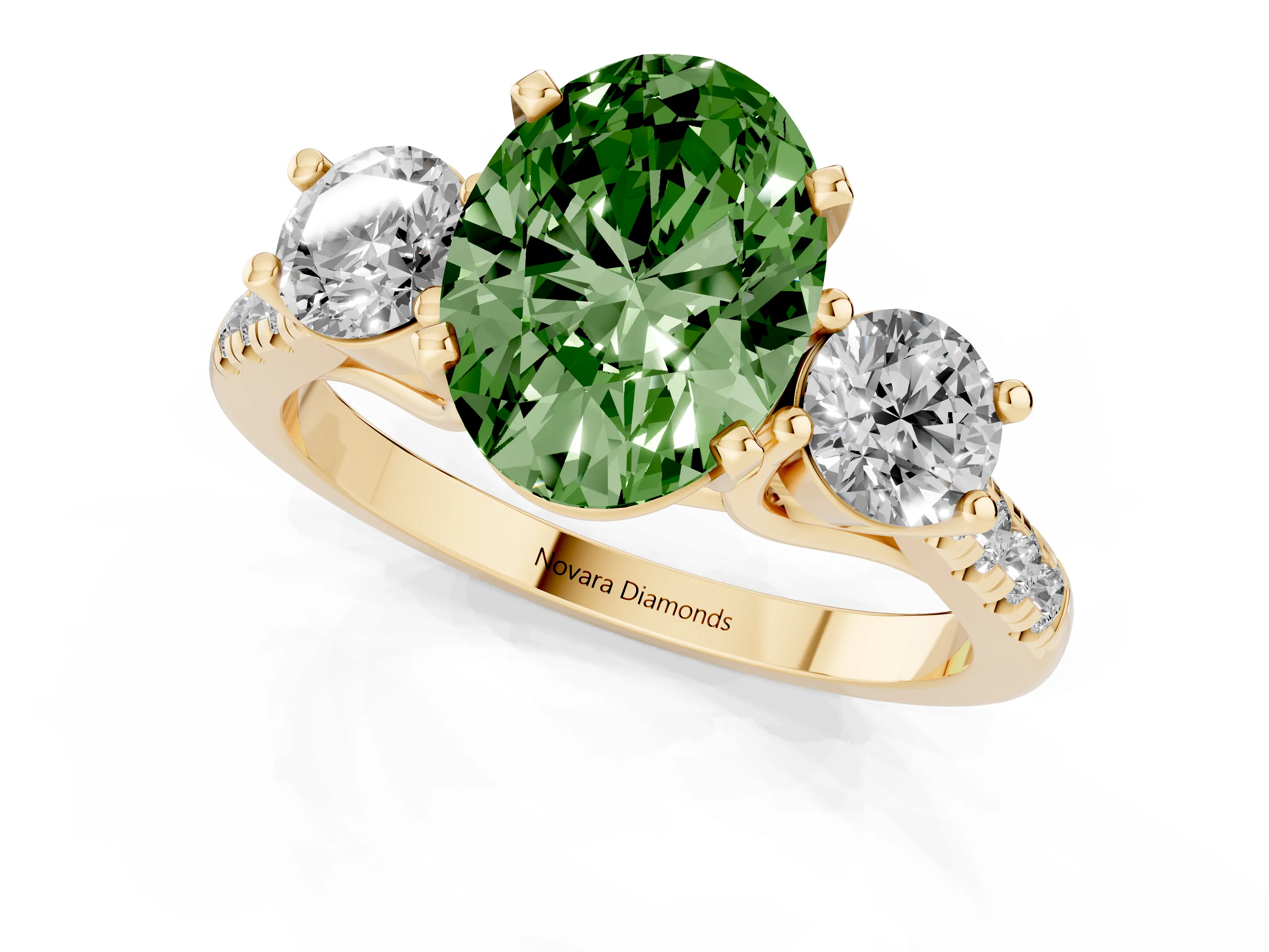 Fancy Green Three-Stone Oval Cut Diamond Pavé Band Ring Set in Yellow gold with Prong-Set Trio