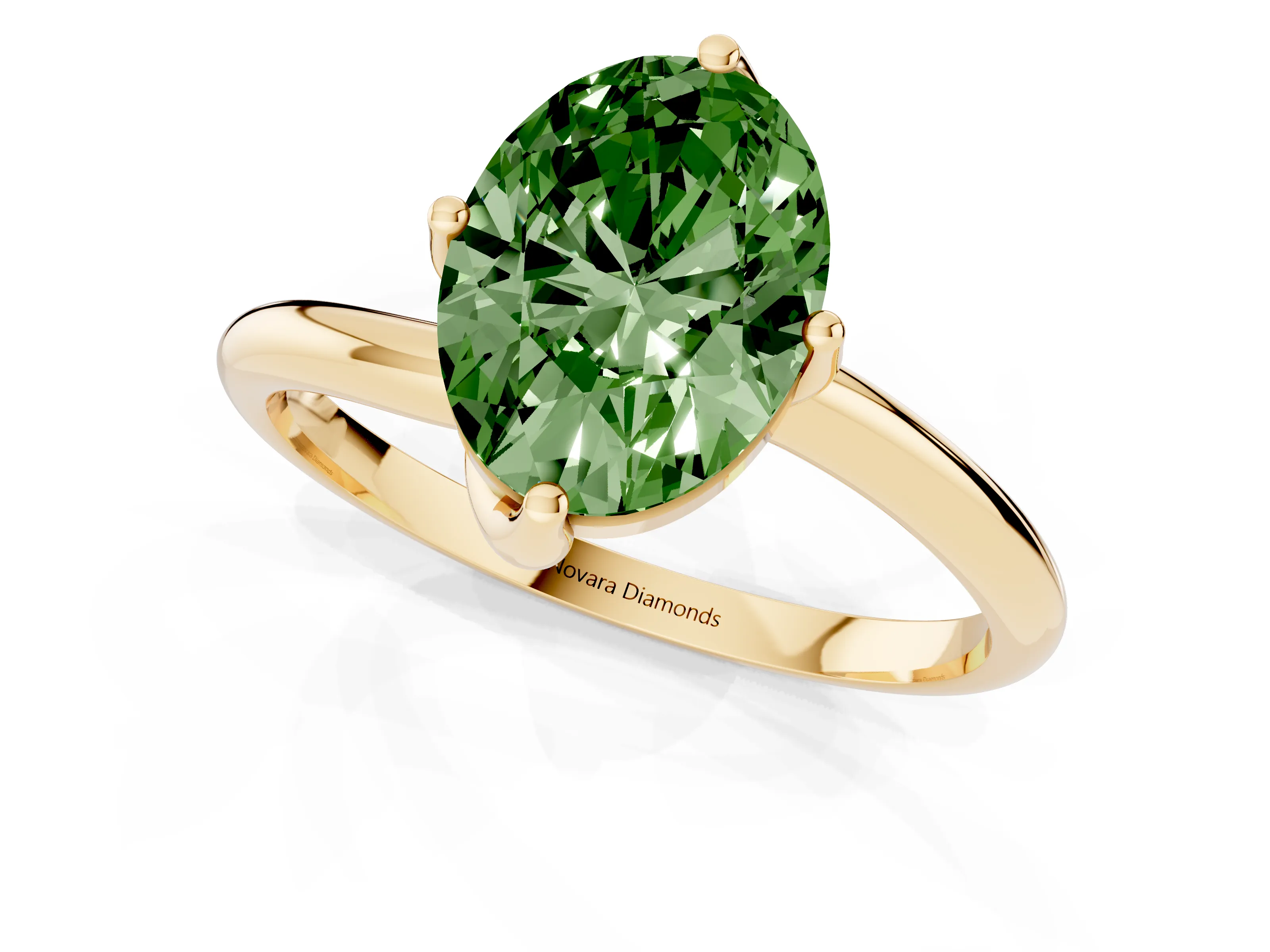 Fancy Green Oval Cut Diamond Solitaire Engagement Ring Set in Yellow gold with Classic Plain Band