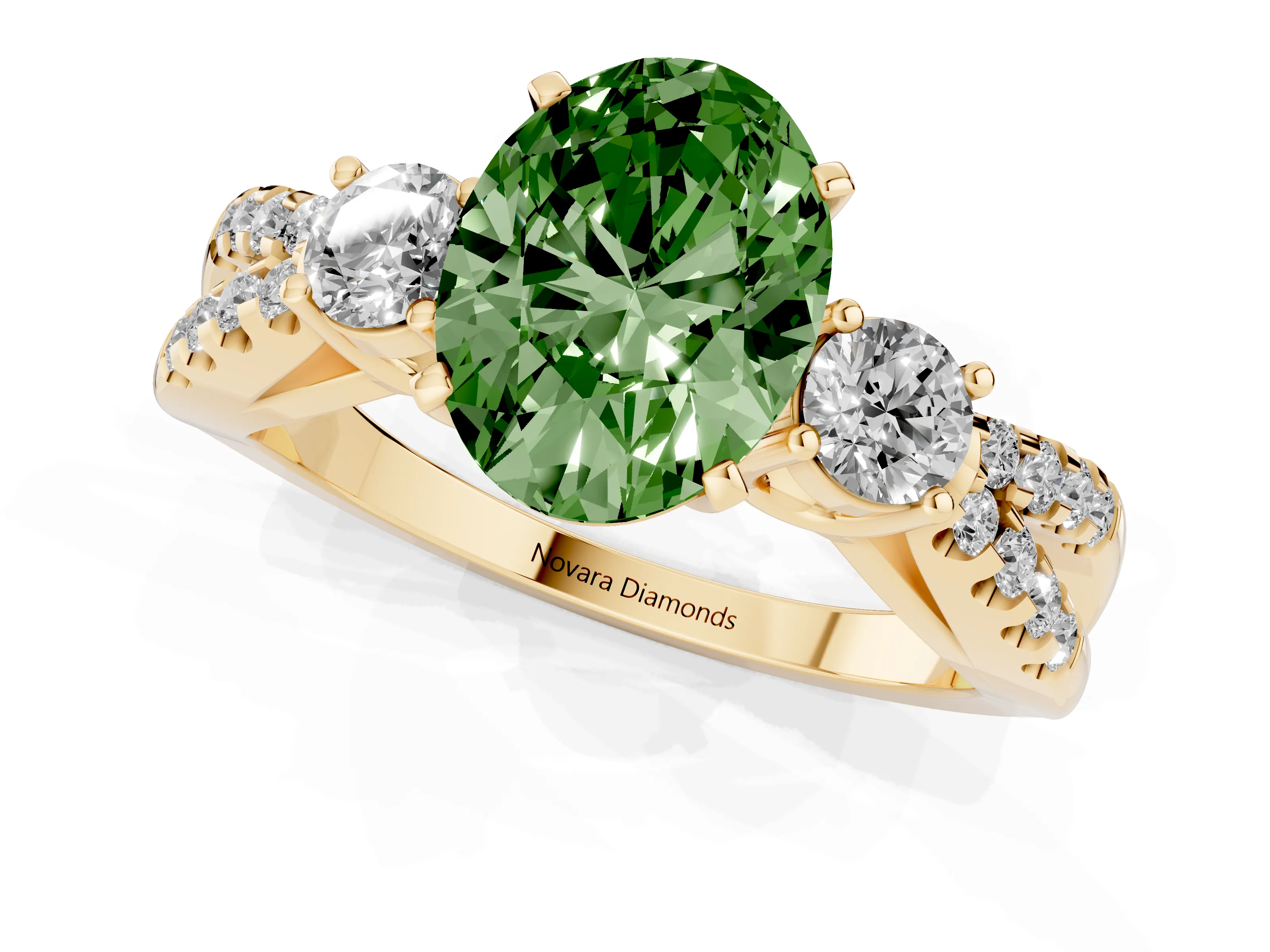 Fancy Green Oval Cut Diamond Three-Stone Ring Set in Yellow gold with Pavé Split Shank and Prong Setting