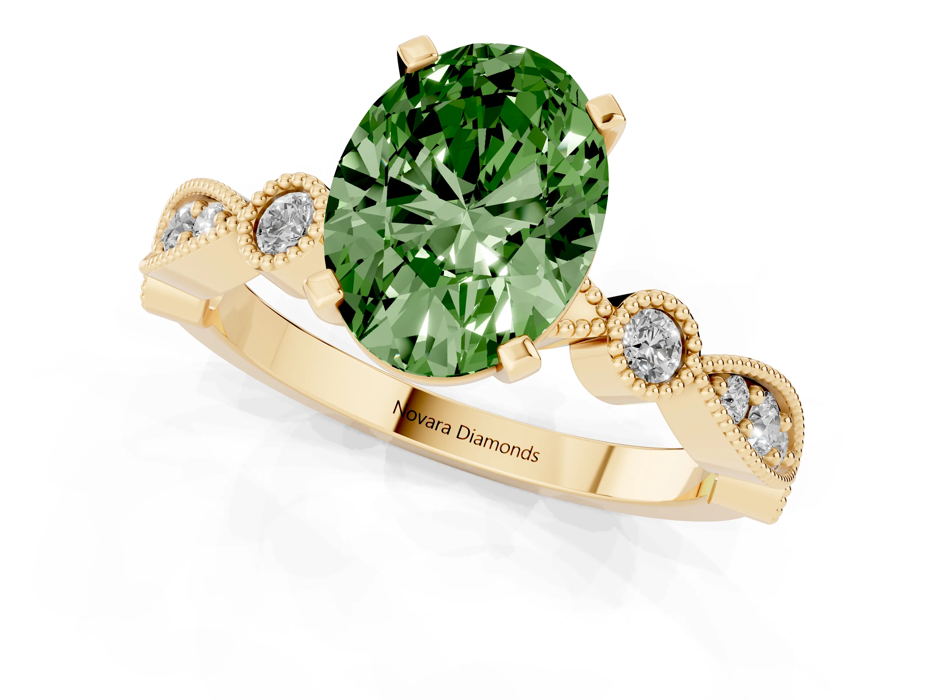 Fancy Green Oval Cut Diamond Solitaire Engagement Ring Set in Yellow gold with Milgrain Bezel Accent Band
