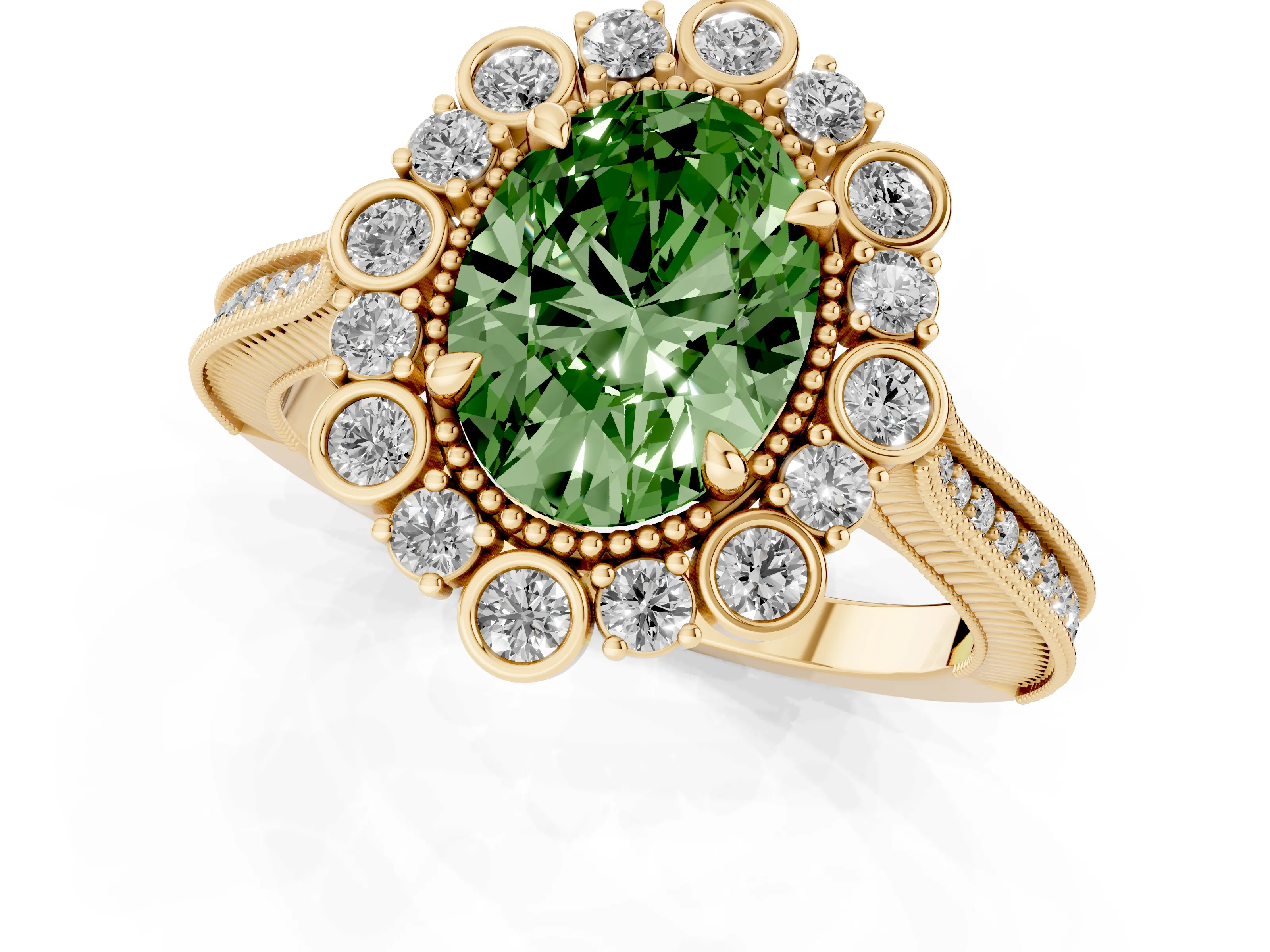 Fancy Green Oval Cut Diamond Halo Milgrain Pavé Ring Set in Yellow gold with Prong Setting