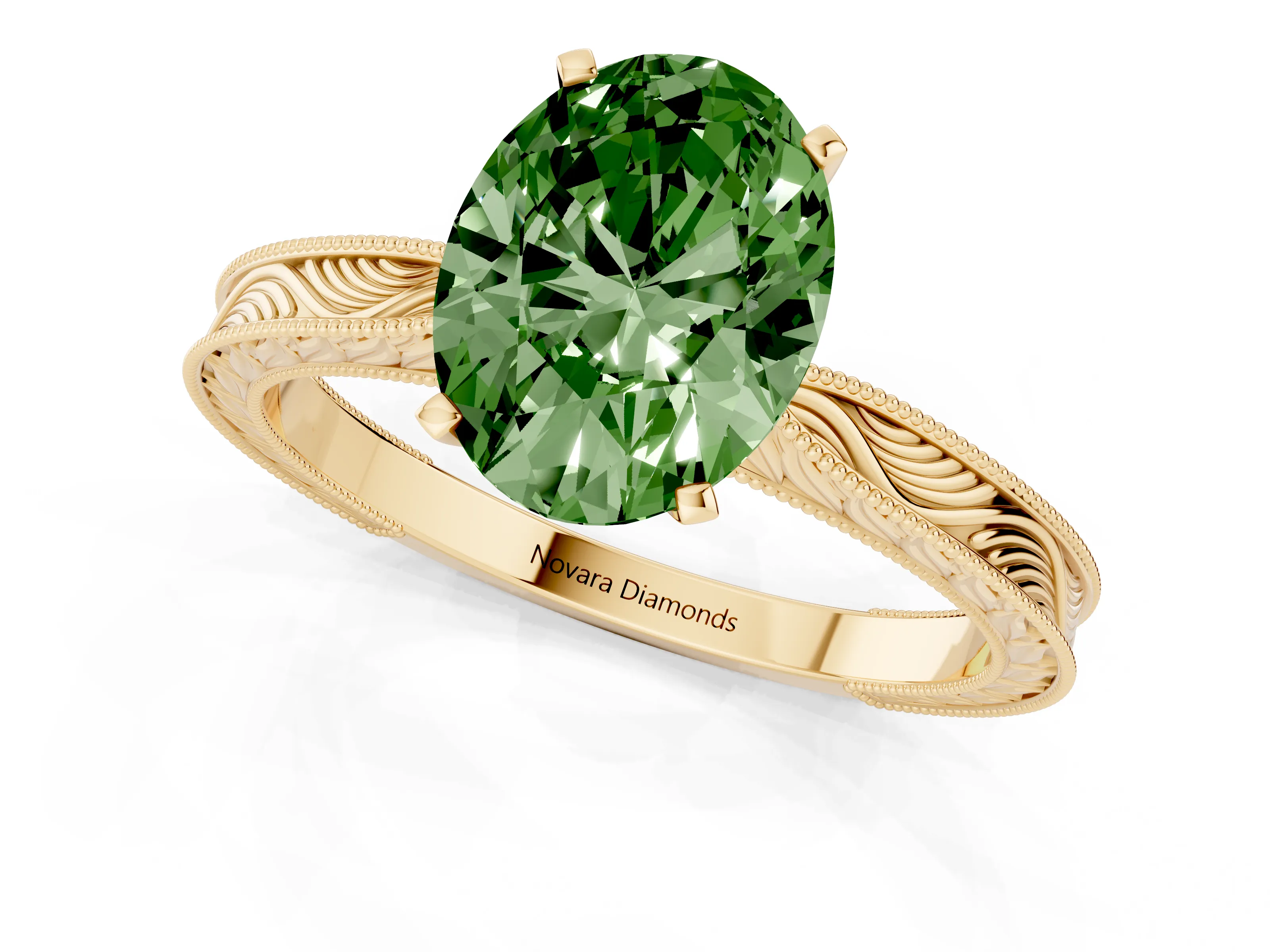 Fancy Green Oval Cut Diamond Solitaire Milgrain Engraved Band Set in Yellow gold with Prong Setting