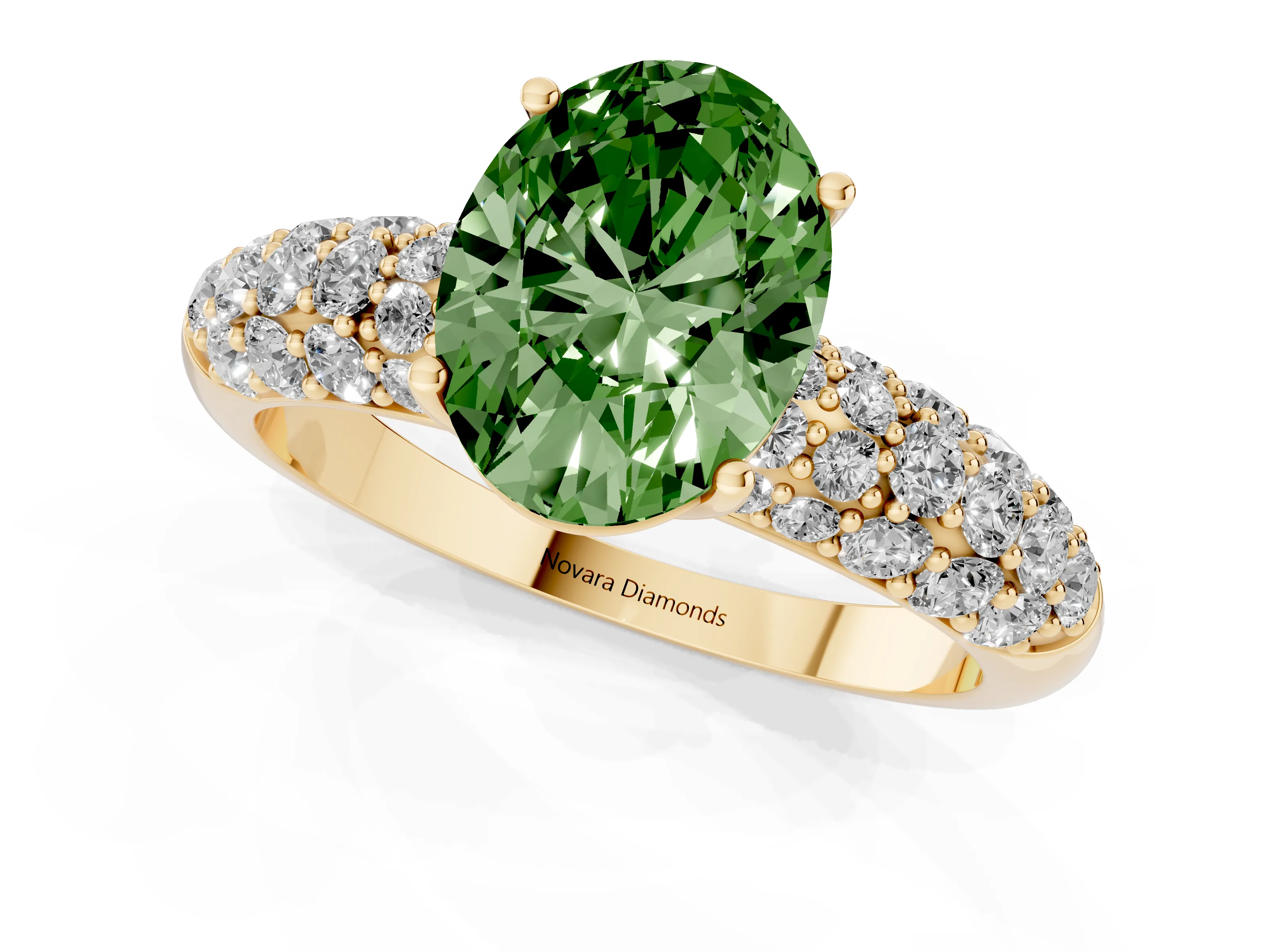 Fancy Green Oval Cut Diamond Pavé Band Solitaire Ring Set in Yellow gold with Close-Set Accent Stones and Prong Setting