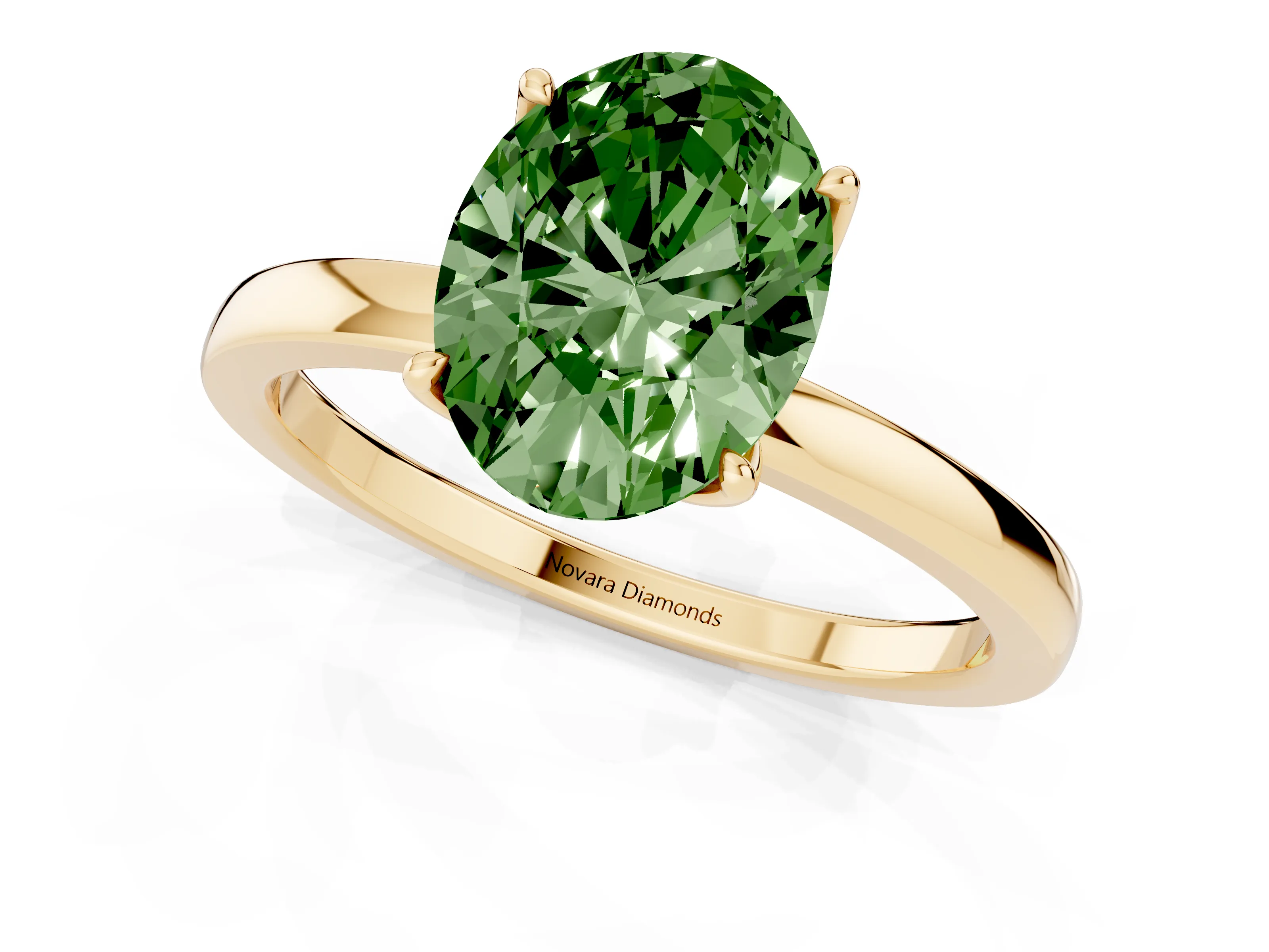 Fancy Green Oval Cut Diamond Solitaire Ring Set in Yellow gold with Prong Setting and Thin Polished Band