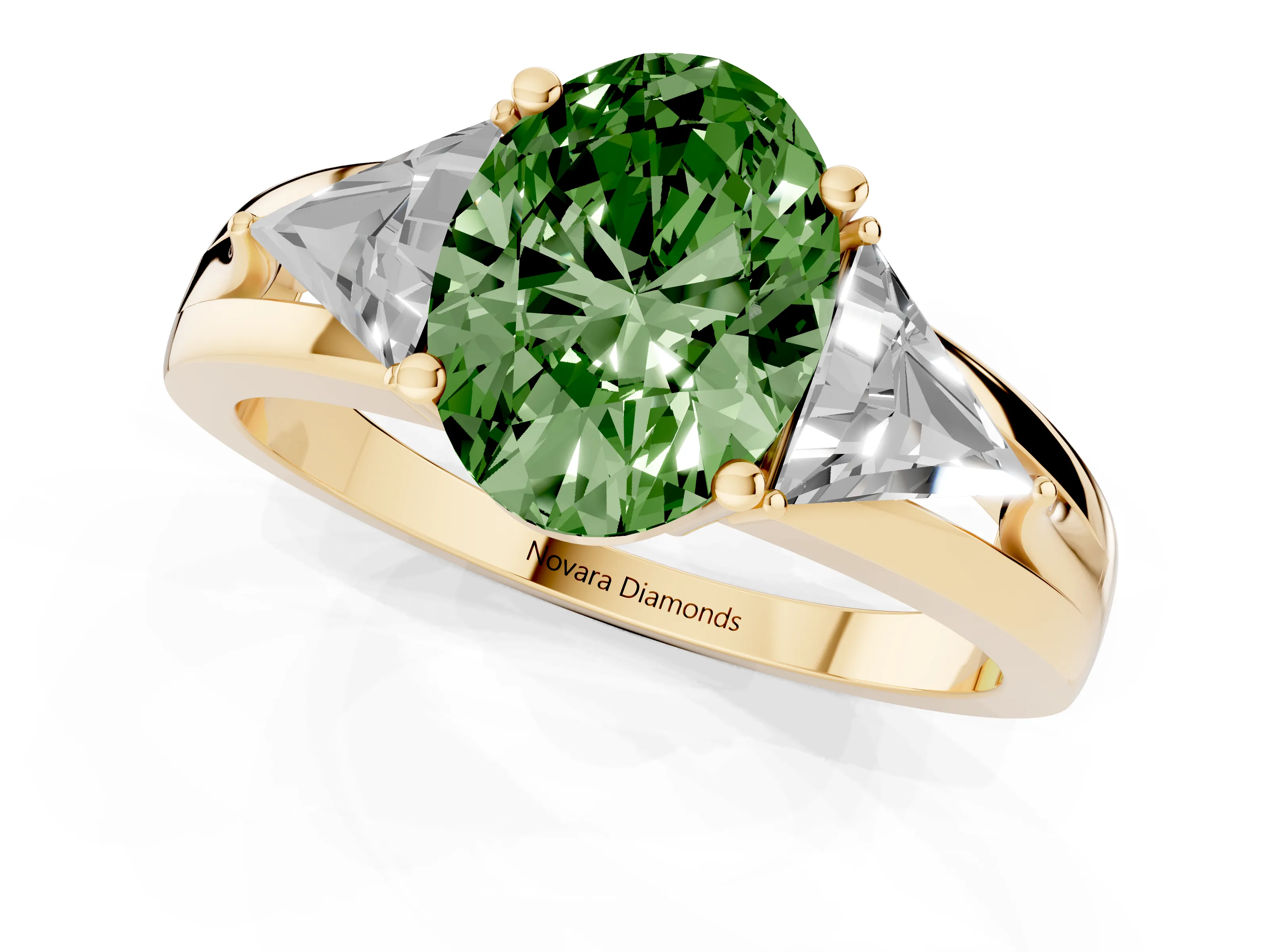 Fancy Green Oval Cut Diamond Three-Stone Ring Set in Yellow gold with Trillion Side Stones and Split Shank – second view