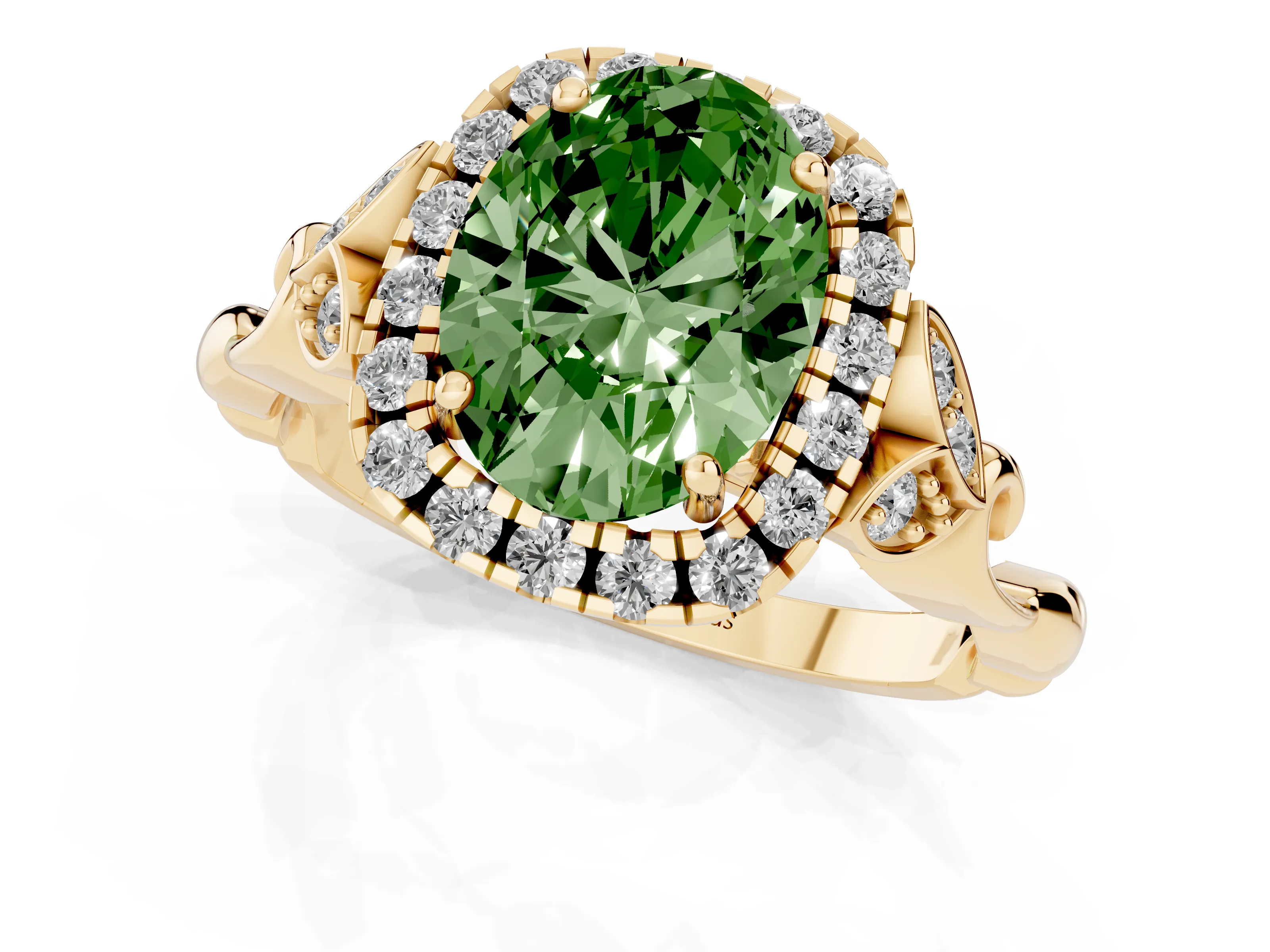 Fancy Green Oval Cut Diamond Halo Engagement Ring Set in Yellow gold with Vintage-Inspired Band and Prong Setting