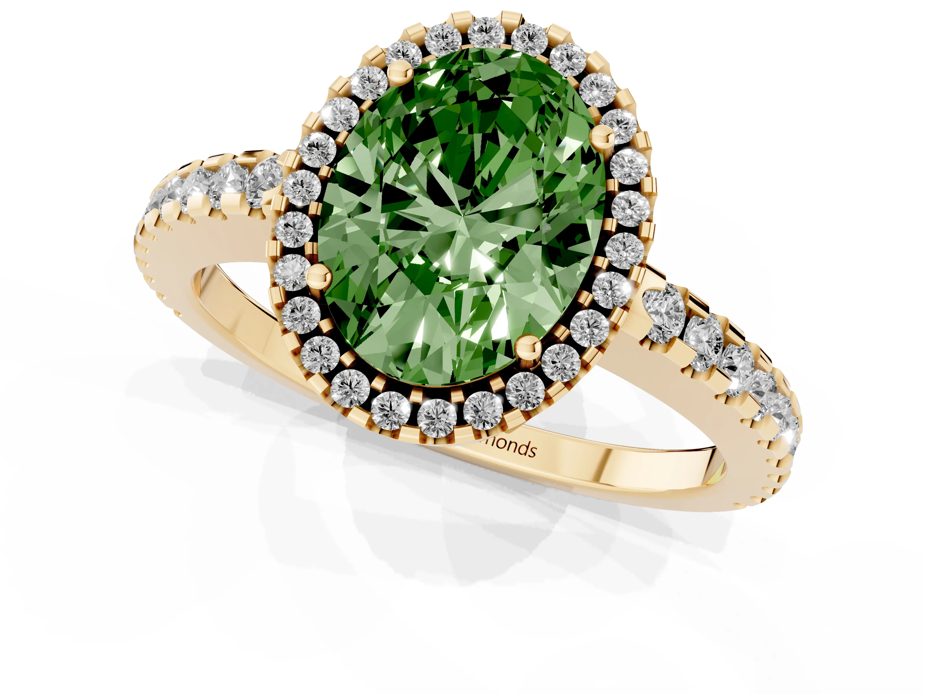 Fancy Green Oval Cut Diamond Halo Ring Set in Yellow gold with Pavé Shoulders and Halo-Framed Center
