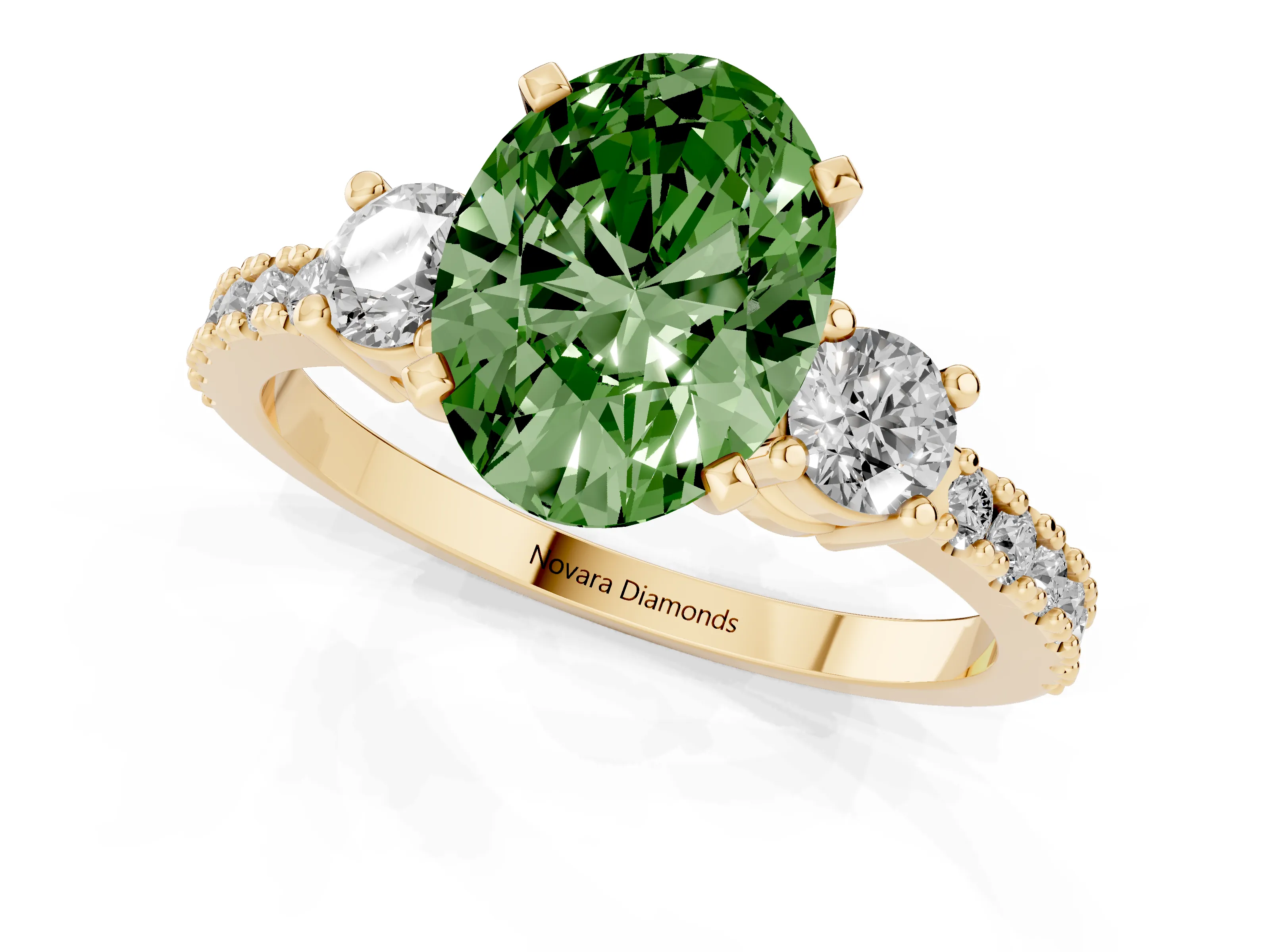 Fancy Green Three-Stone Oval Cut Diamond Pavé Band Ring Set in Yellow gold with Prong Setting