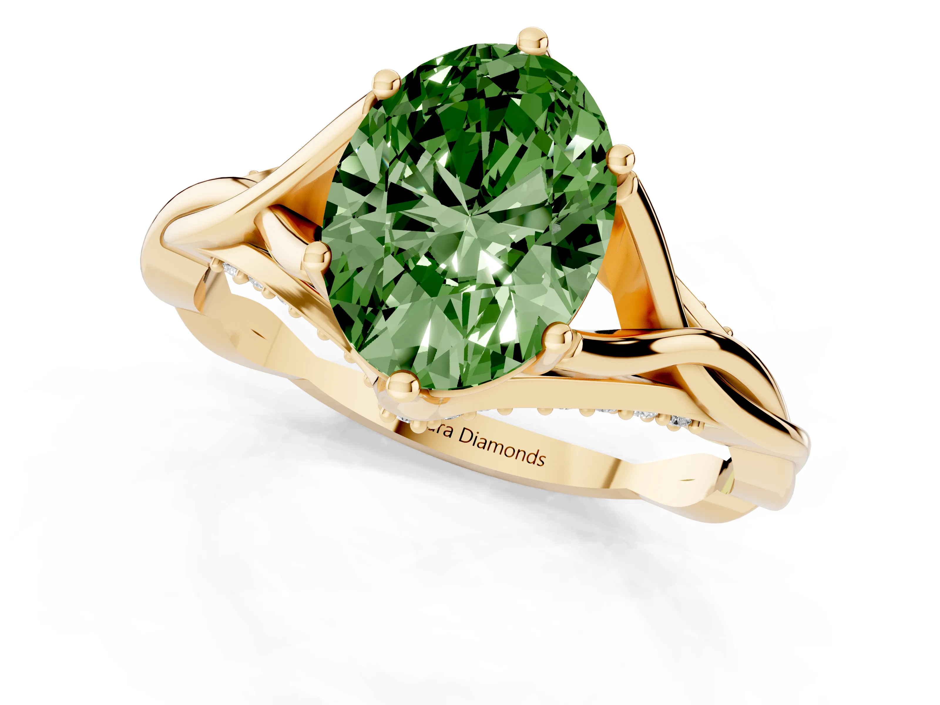 Fancy Green Oval Cut Diamond Intertwined Twist Band Solitaire Ring Set in Yellow gold with Prong Setting