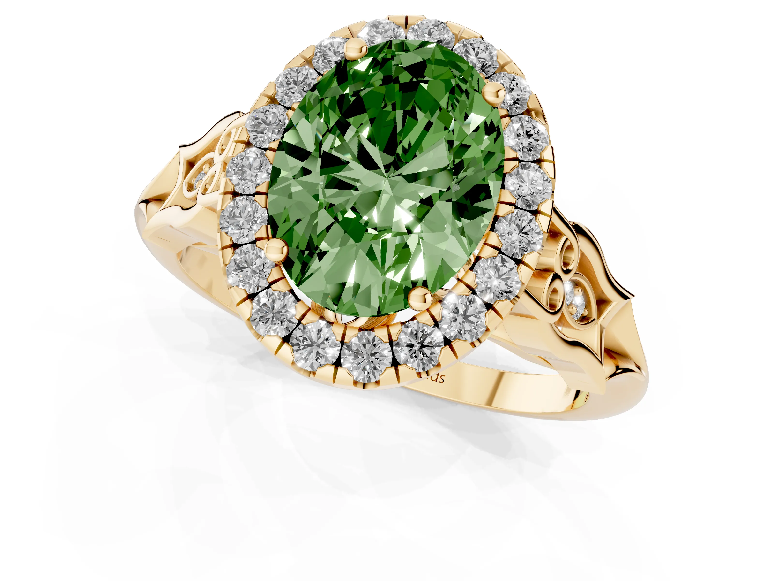 Fancy Green Oval Cut Diamond Halo Engagement Ring Set in Yellow gold with Filigree Band and Prong-Set Center