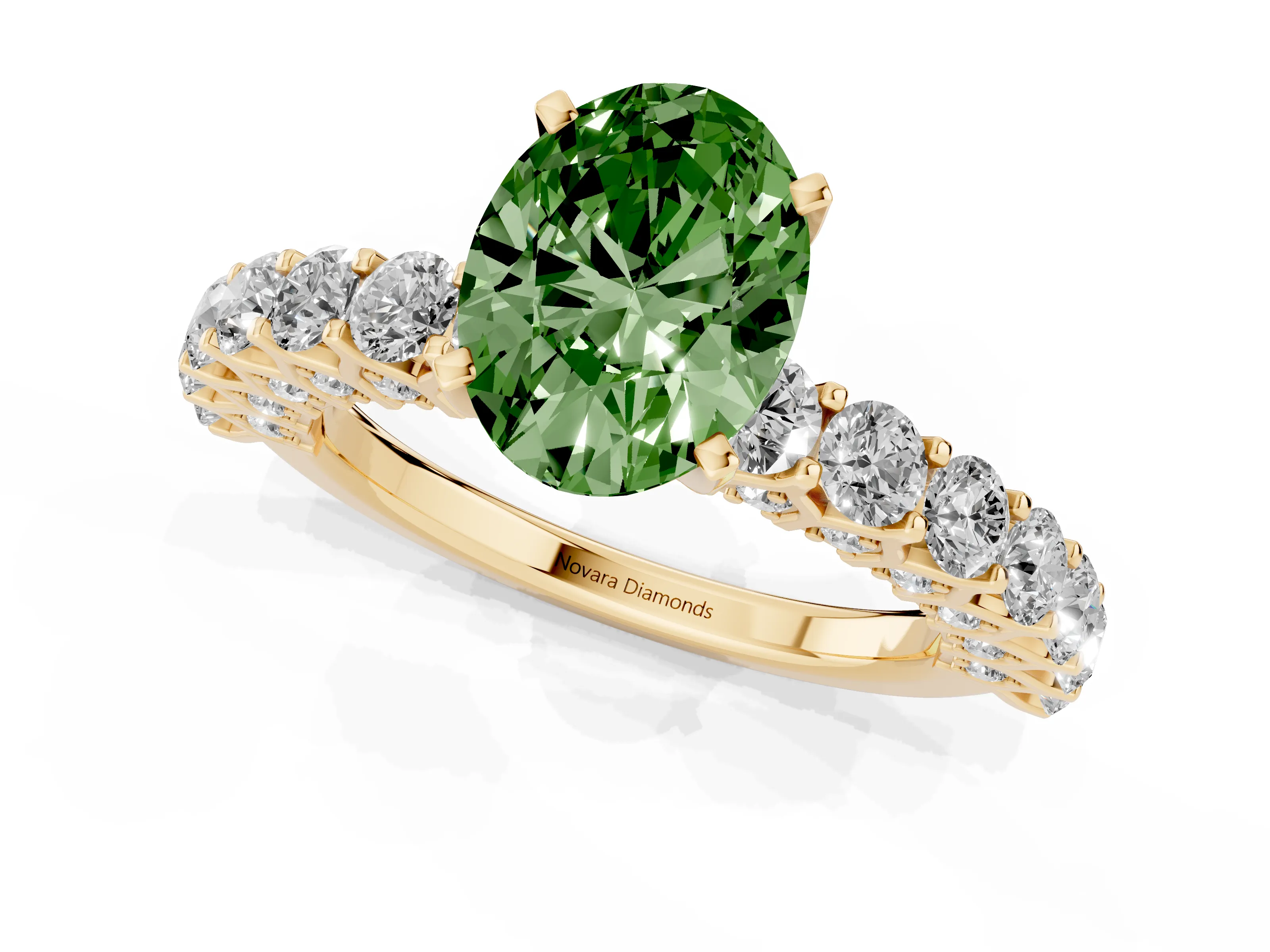 Fancy Green Oval Cut Diamond Solitaire Ring Set in Yellow gold with Shared Prong Pavé Band