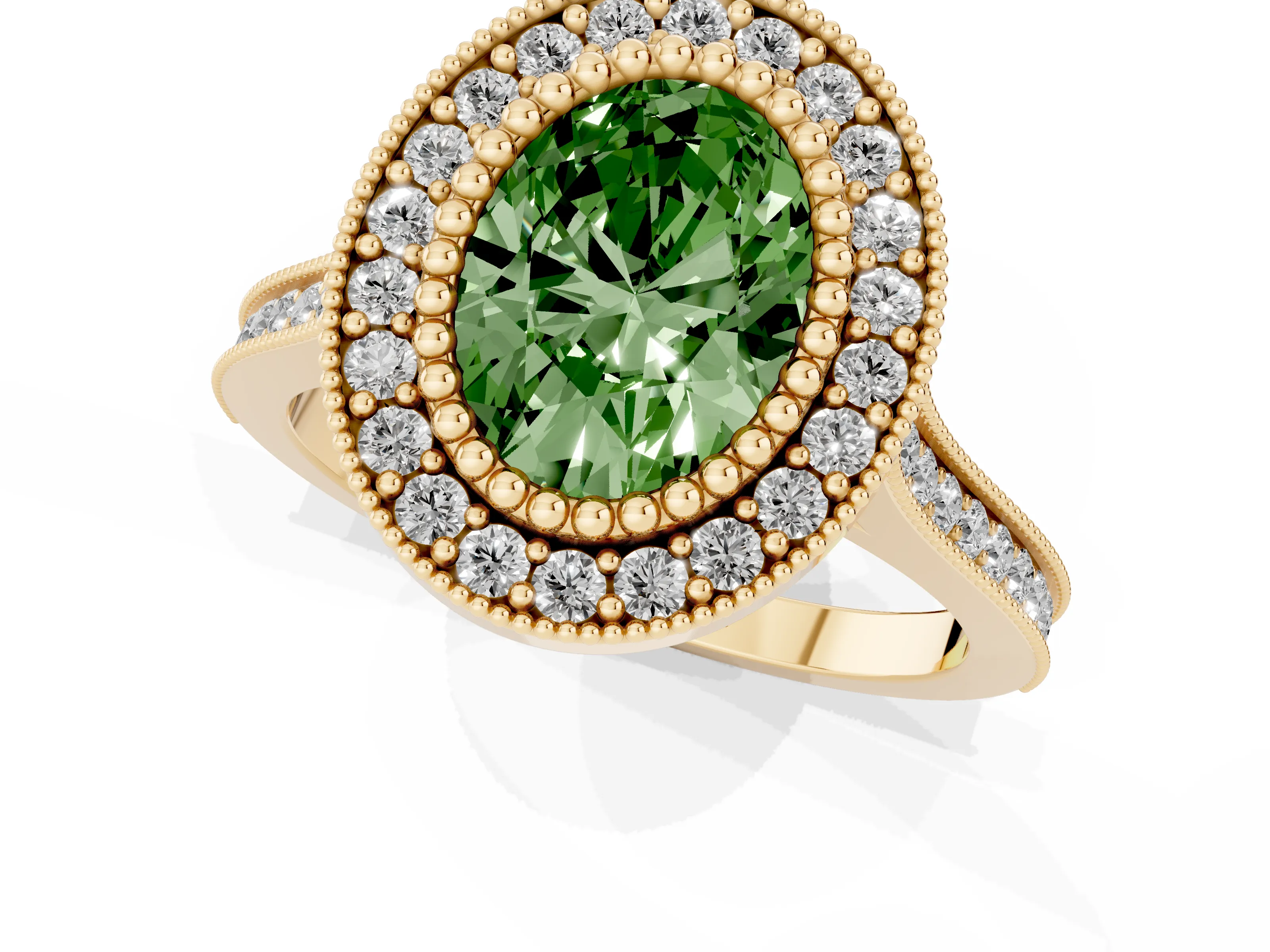 Fancy Green Oval Cut Diamond Halo Ring Set in Yellow gold with Milgrain Frame and Pavé Band