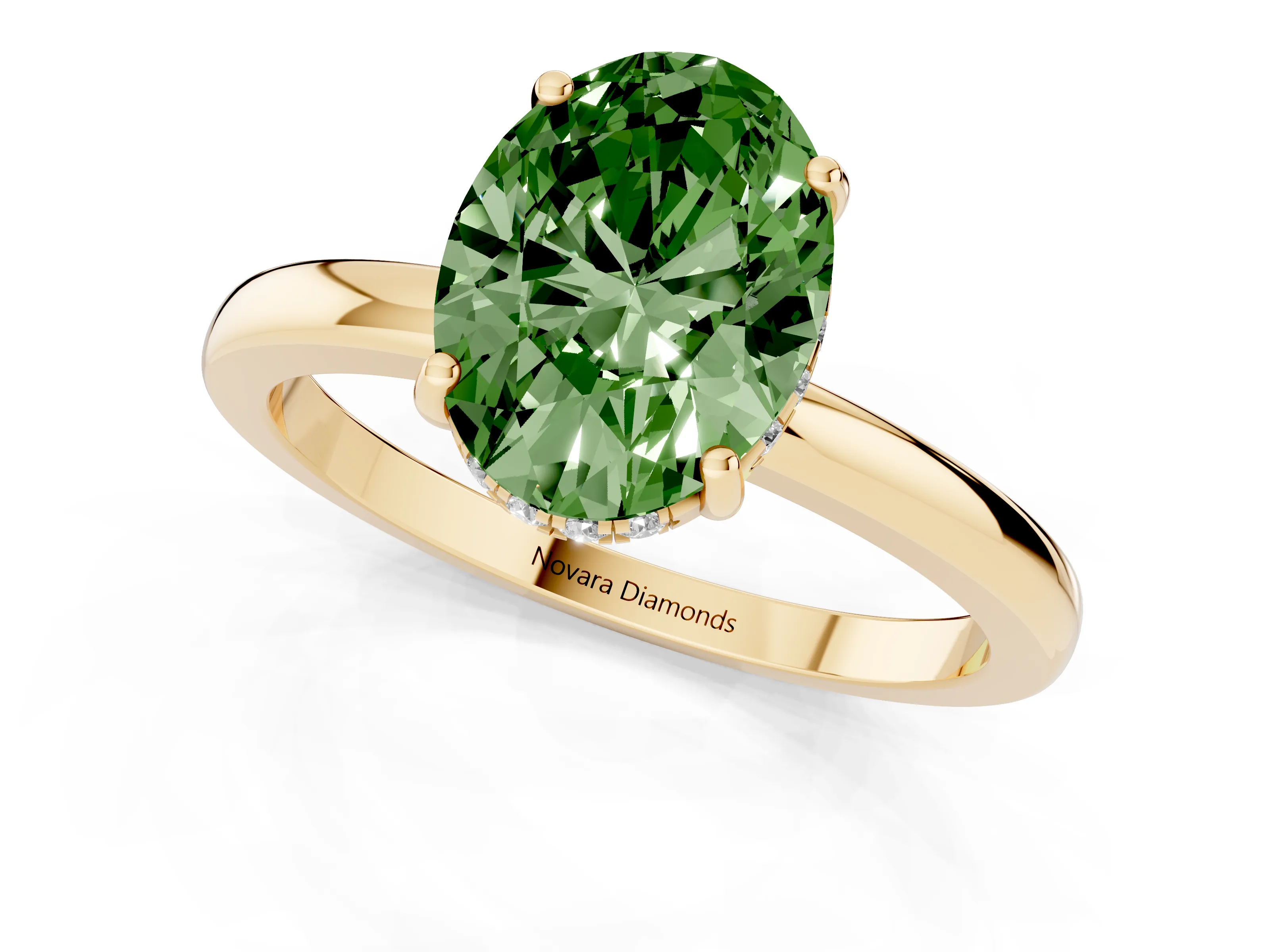Fancy Green Oval Cut Diamond Solitaire Ring Set in Yellow gold with Plain Band and Prong Setting