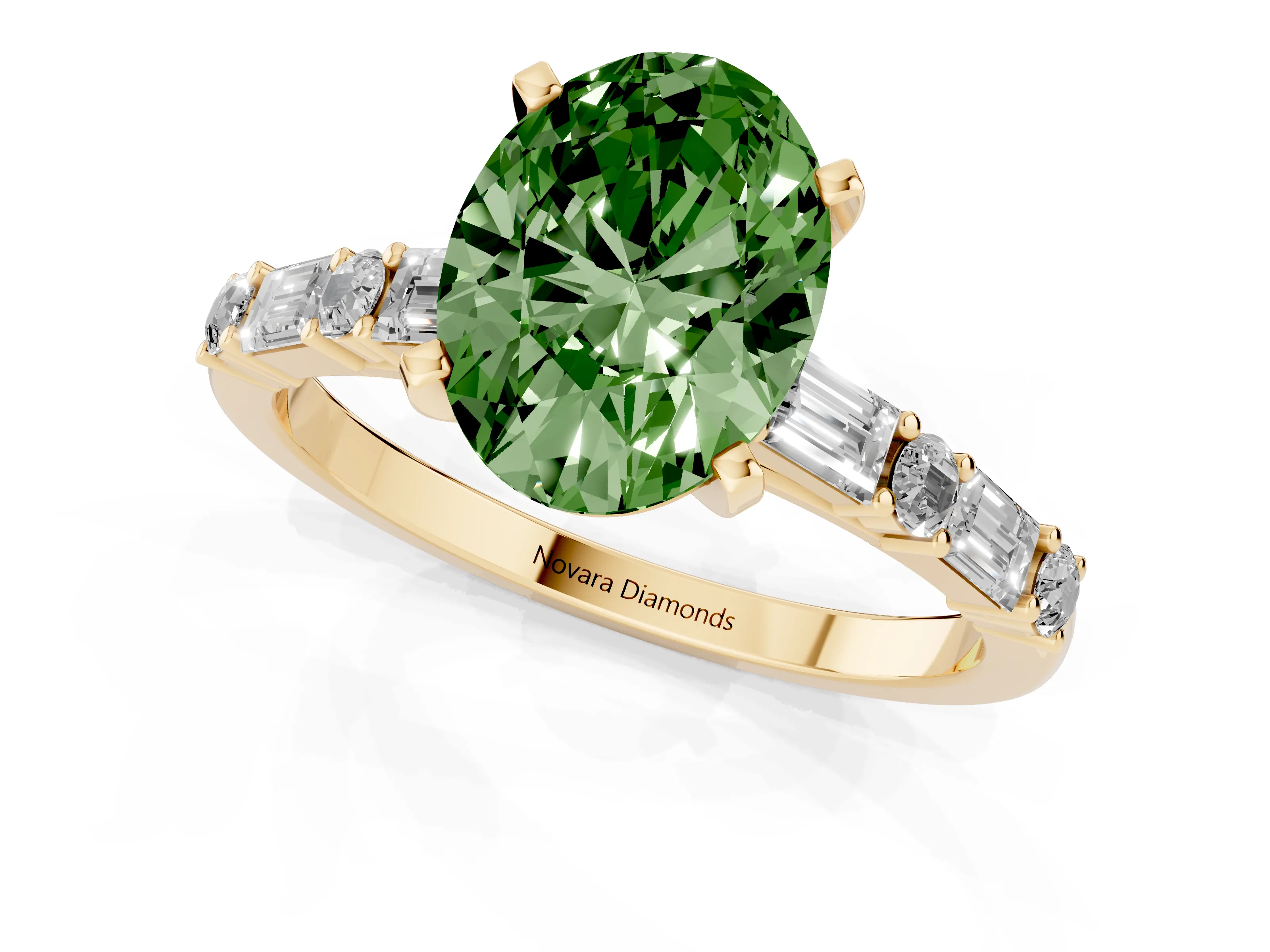 Fancy Green Oval Cut Diamond Solitaire Set in Yellow gold with Side Baguettes and Channel Set Band