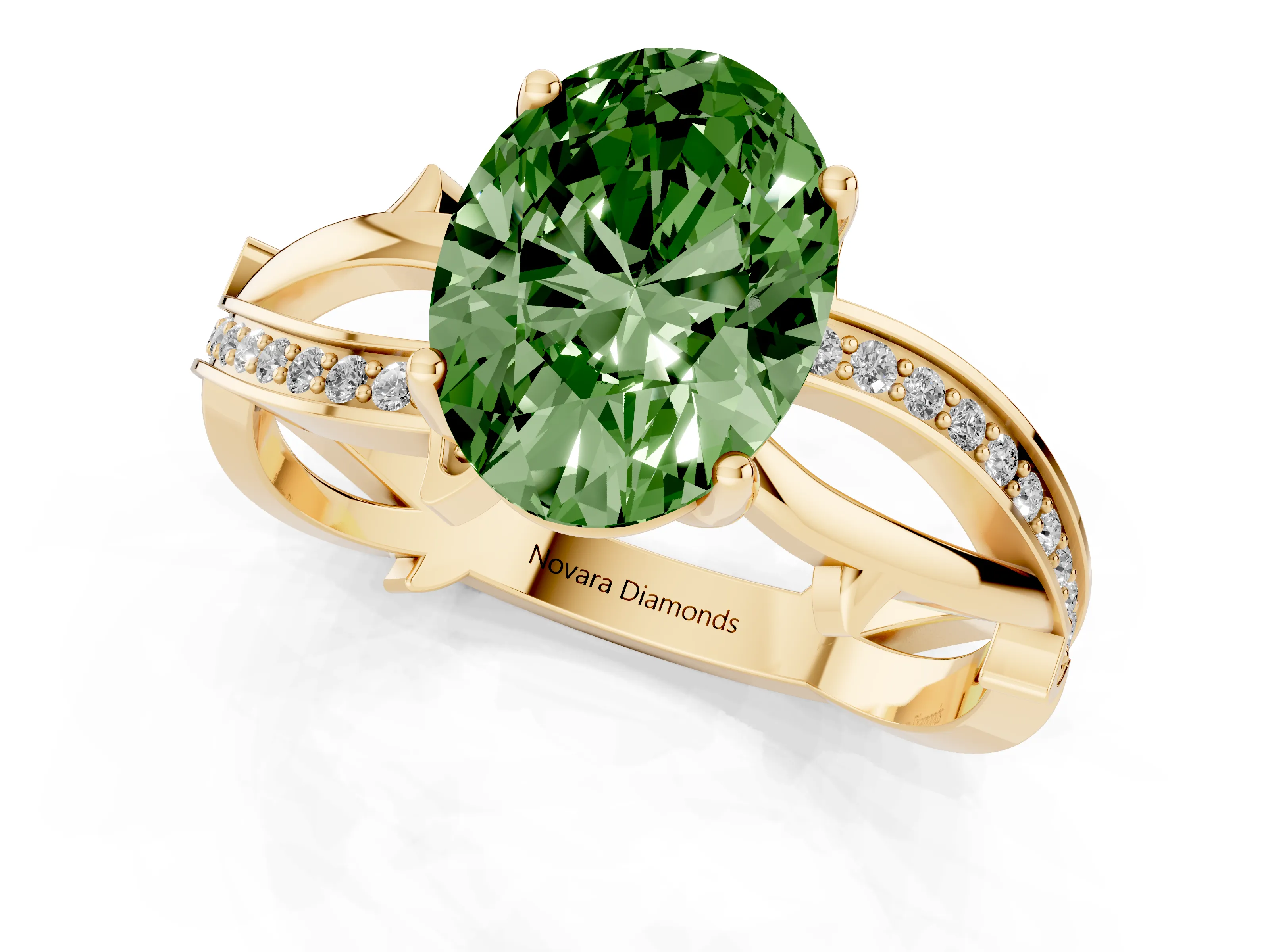 Fancy Green Oval Cut Diamond Pavé Twist Band Solitaire Ring Set in Yellow gold with Prong Setting