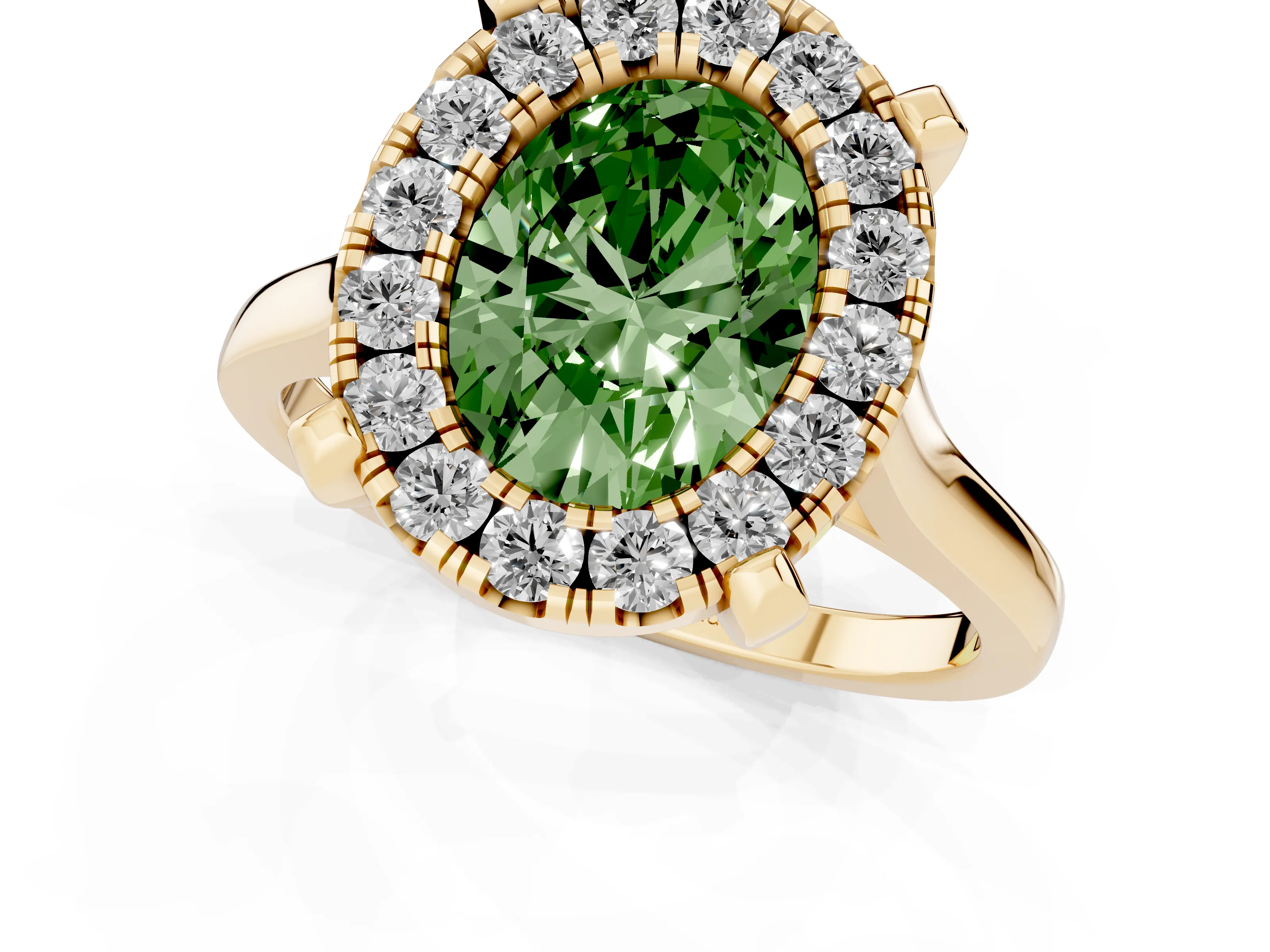Fancy Green Oval Cut Diamond Cluster Halo Solitaire Ring Set in Yellow gold with Prong Setting