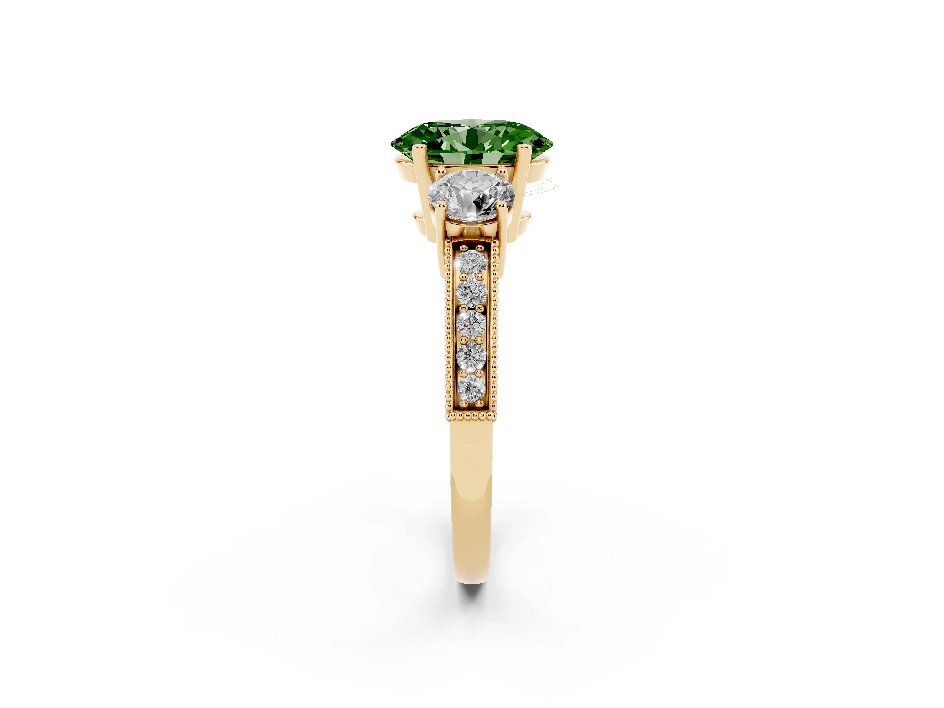 Fancy Green Oval Cut Diamond Three-Stone Ring Set in Yellow gold with Round Side Stones and Pavé Band