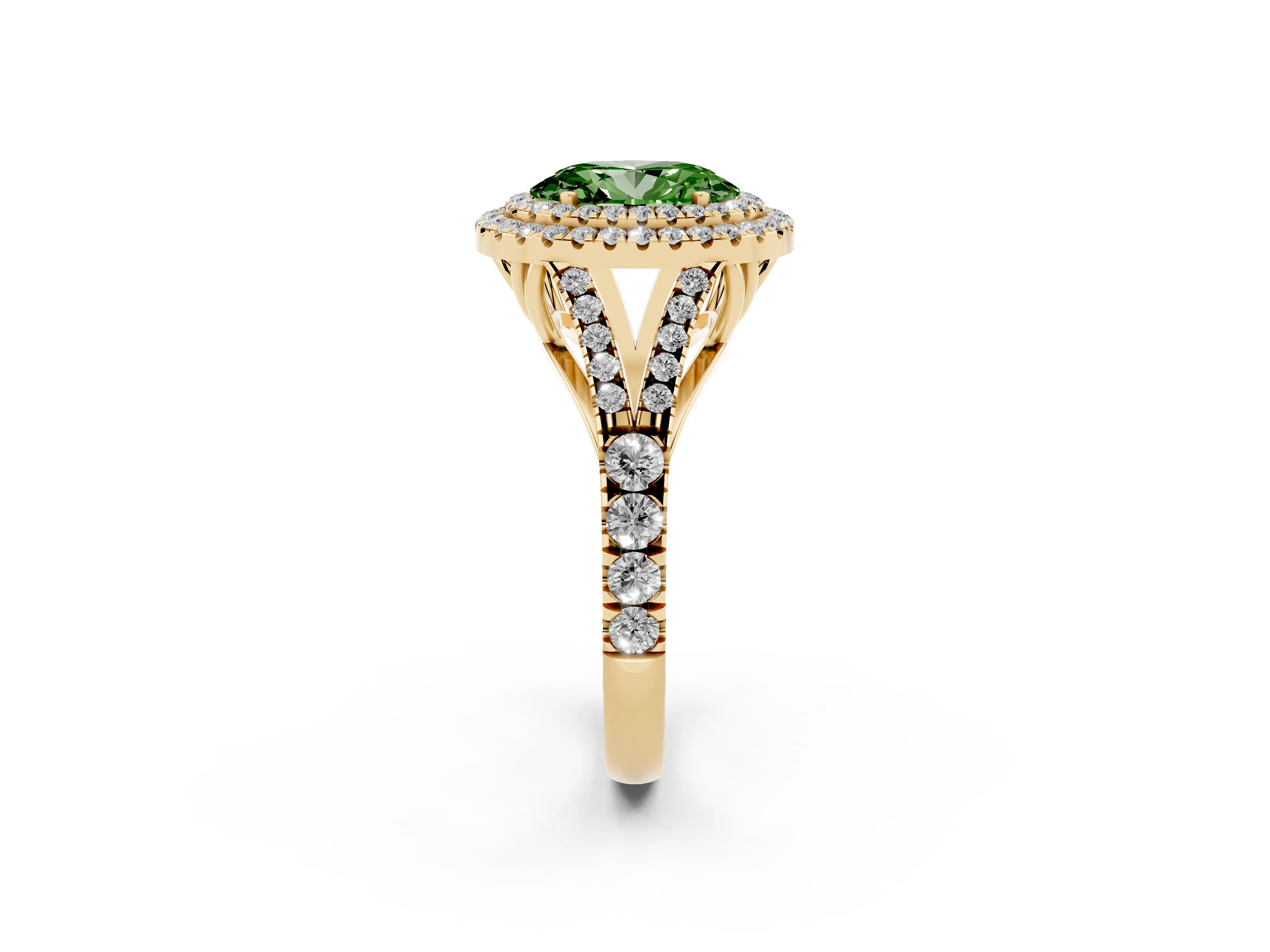 Fancy Green Oval Cut Diamond Pavé Split Shank Double Halo Engagement Ring Set in Yellow gold
