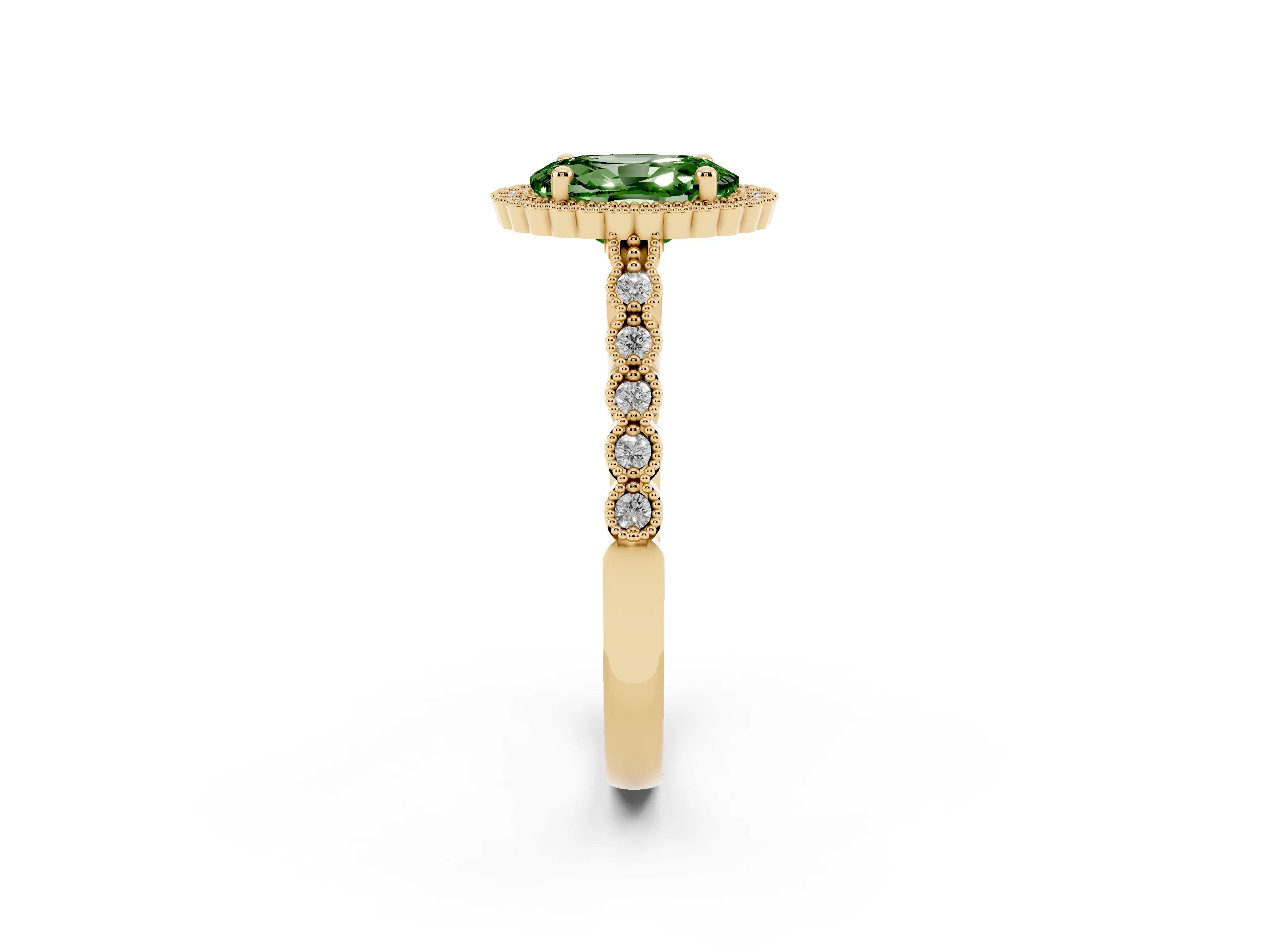 Fancy Green Oval Cut Diamond Halo Ring Set in Yellow gold with Pavé Milgrain Band