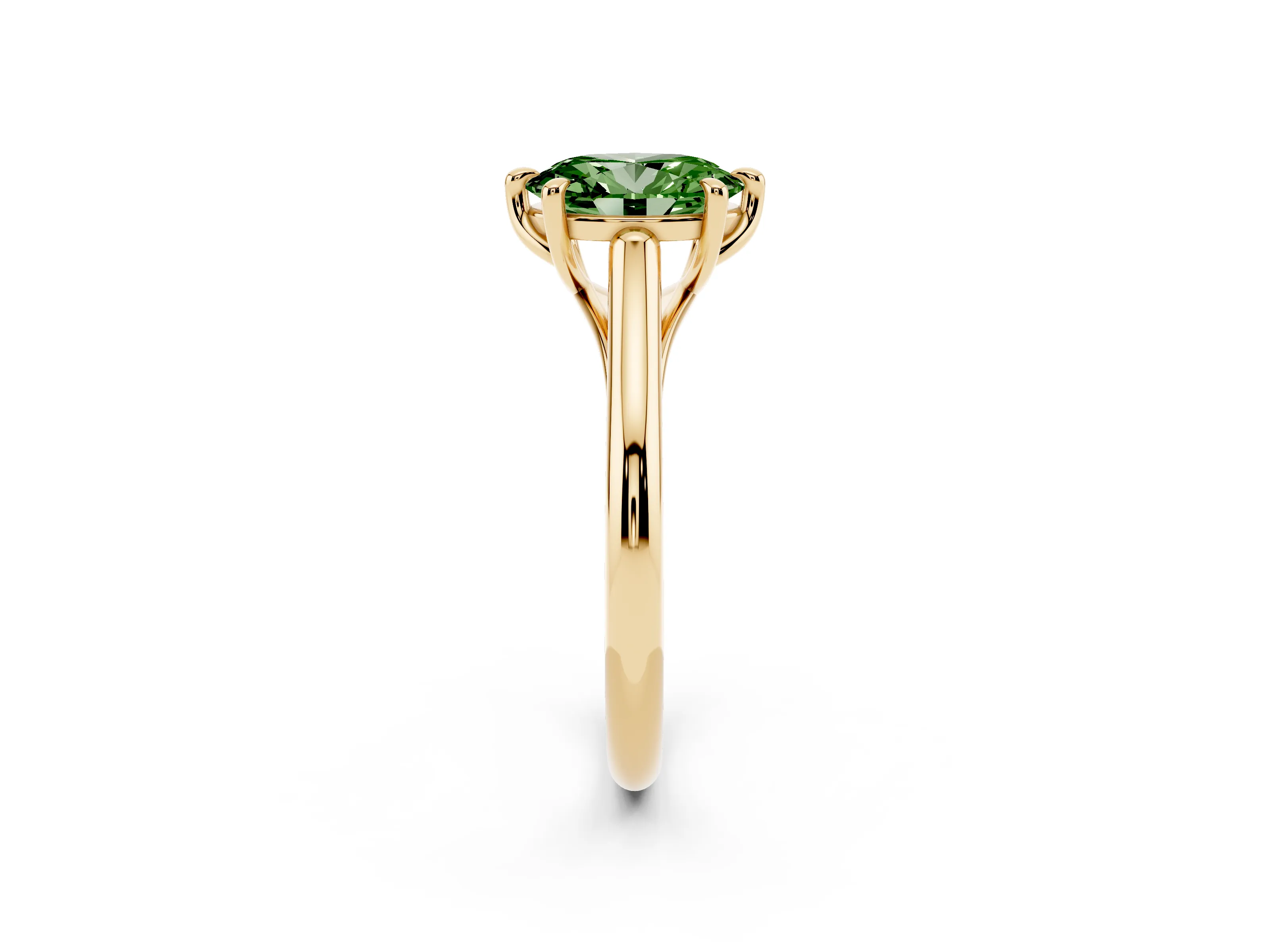 Fancy Green Oval Cut Diamond Solitaire Engagement Ring Set in Yellow gold with Prong Setting and Plain Classic Band
