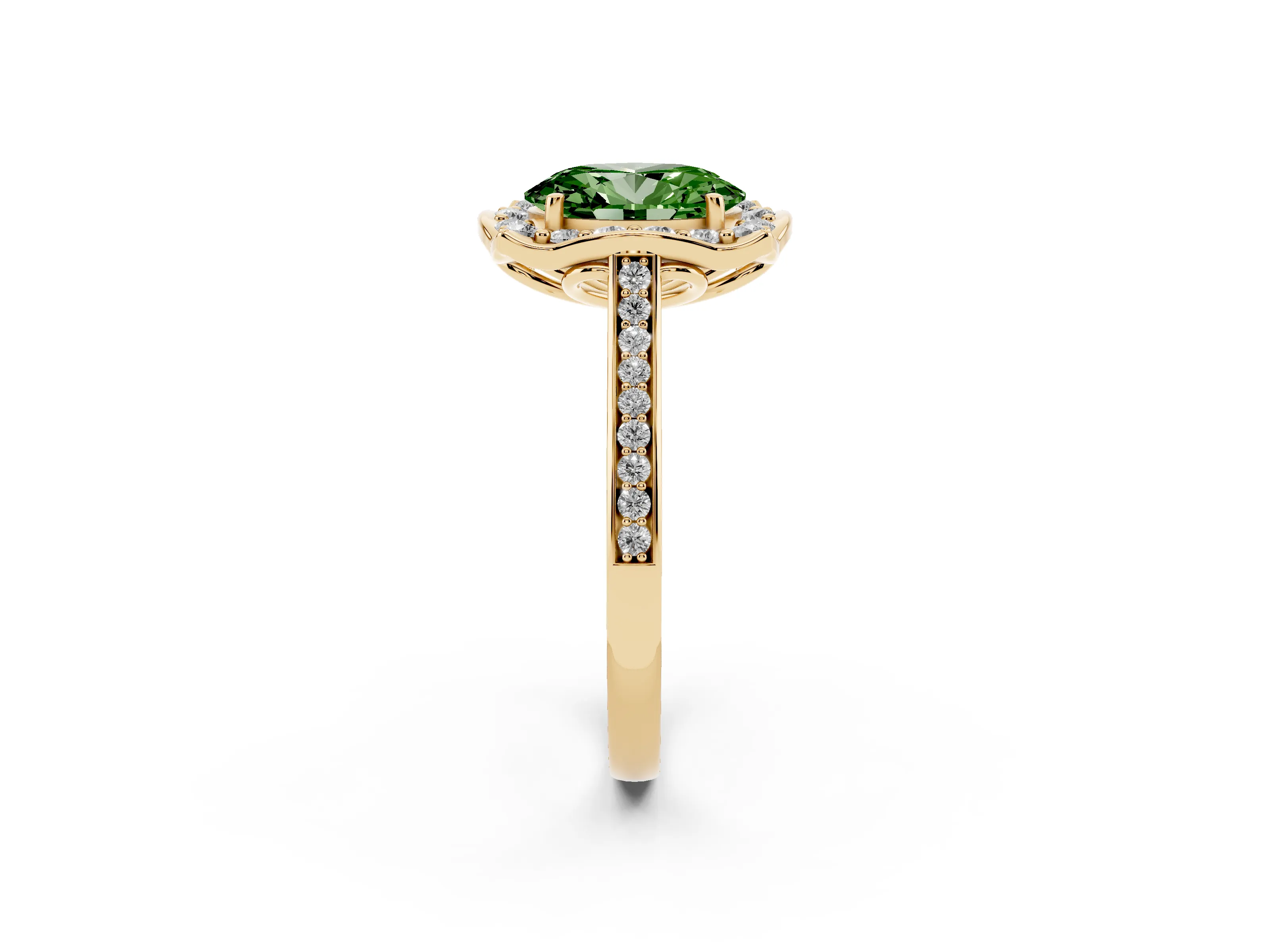 Fancy Green Oval Cut Diamond Halo Ring Set in Yellow gold with Pavé-Lined Shoulders and Prong Setting
