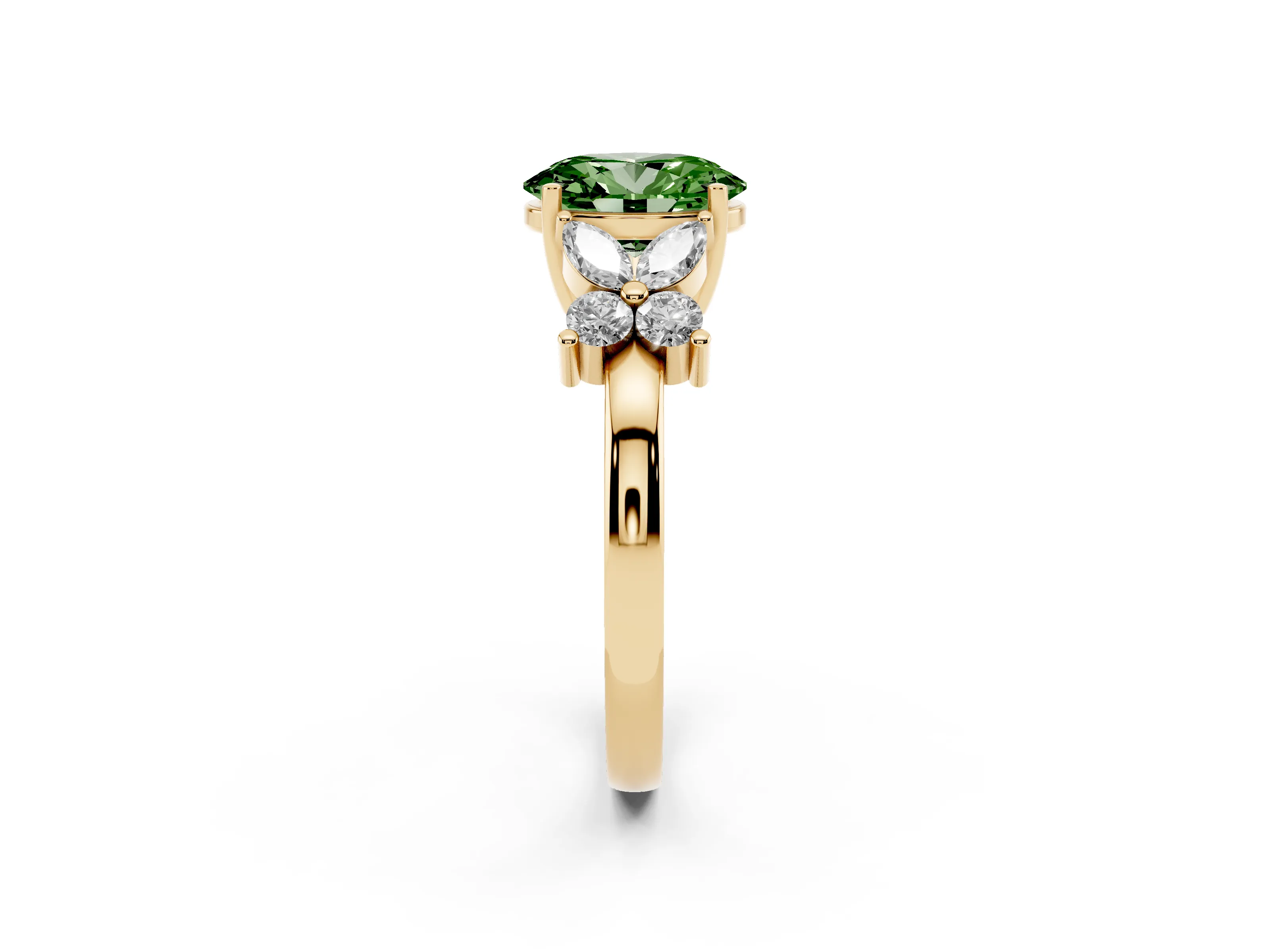 Fancy Green Oval Cut Diamond Floral Cluster Ring Set in Yellow gold with Marquise Petals and Prong Setting