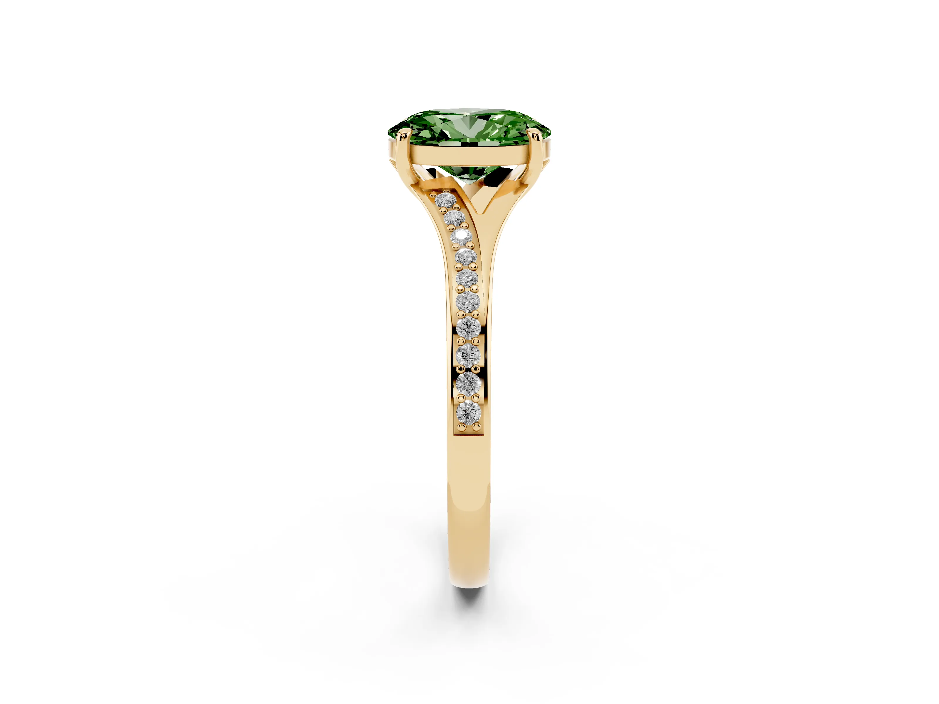 Fancy Green Oval Cut Diamond Solitaire Ring Set in Yellow gold with Pavé Accent Band and Classic Prong Setting