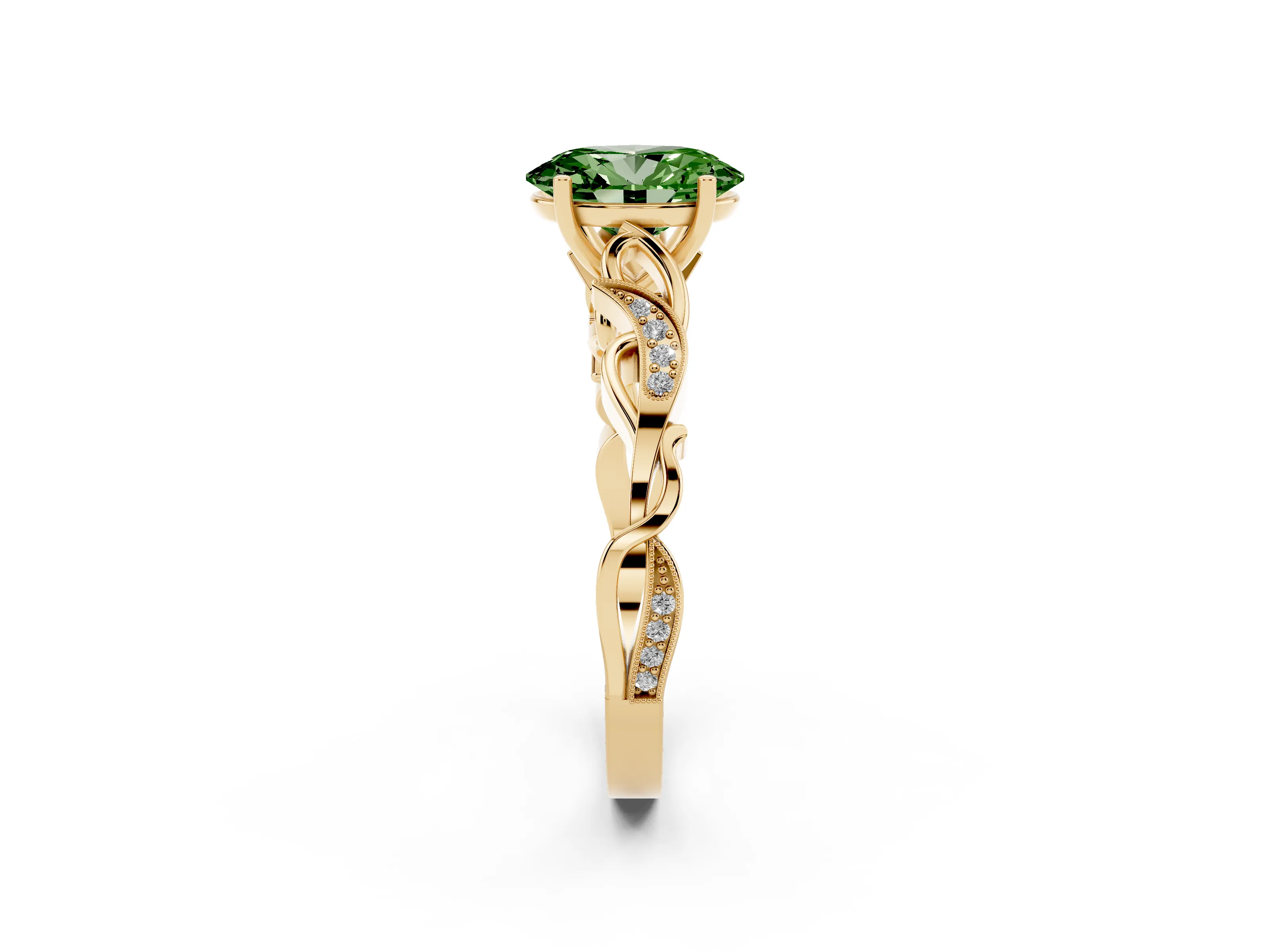 Fancy Green Oval Cut Diamond Vine Band Solitaire Ring Set in Yellow gold with Milgrain Prong Setting