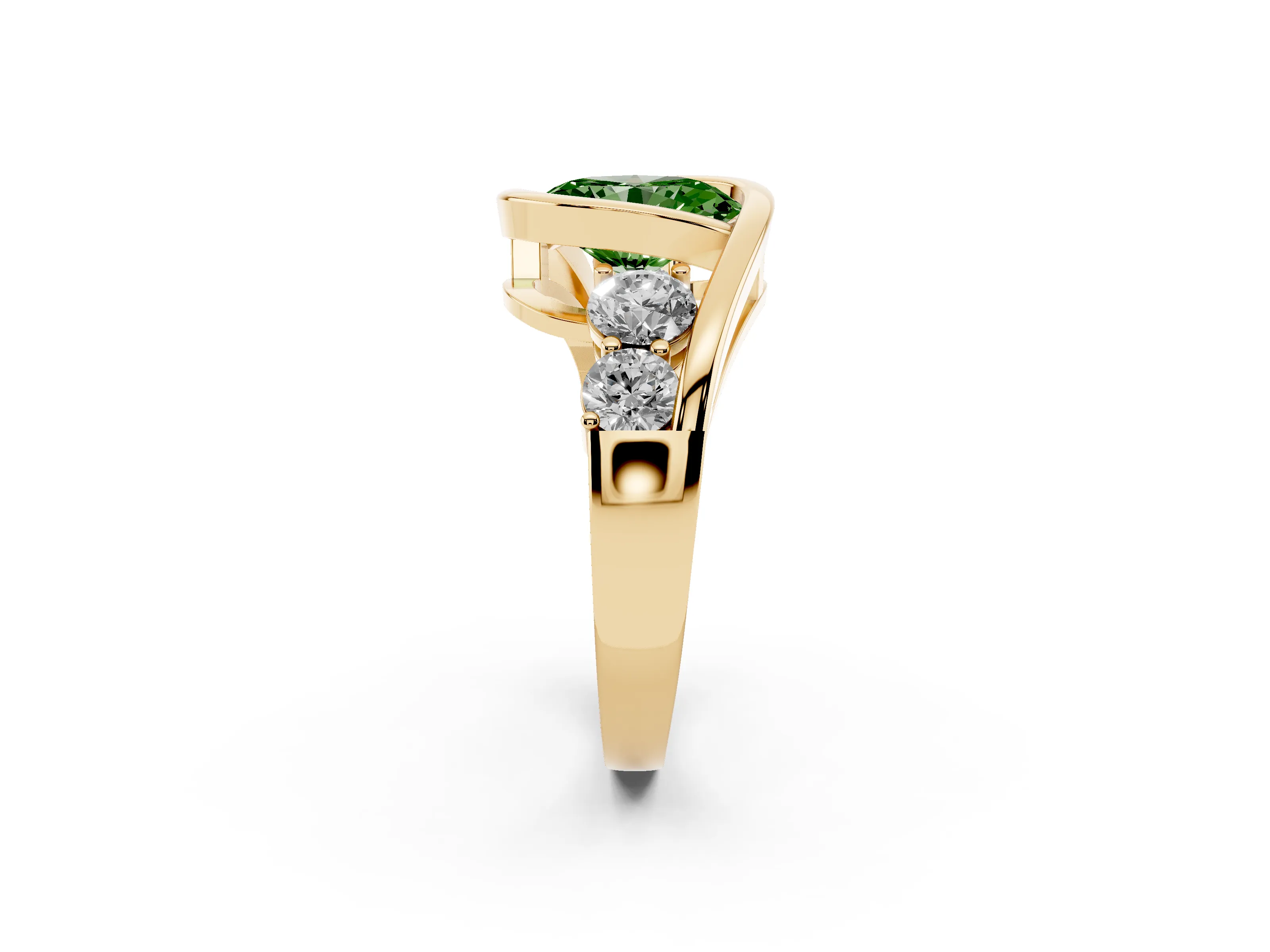 Fancy Green Oval Cut Diamond Bezel Bypass Ring Set in Yellow gold with Round Accents