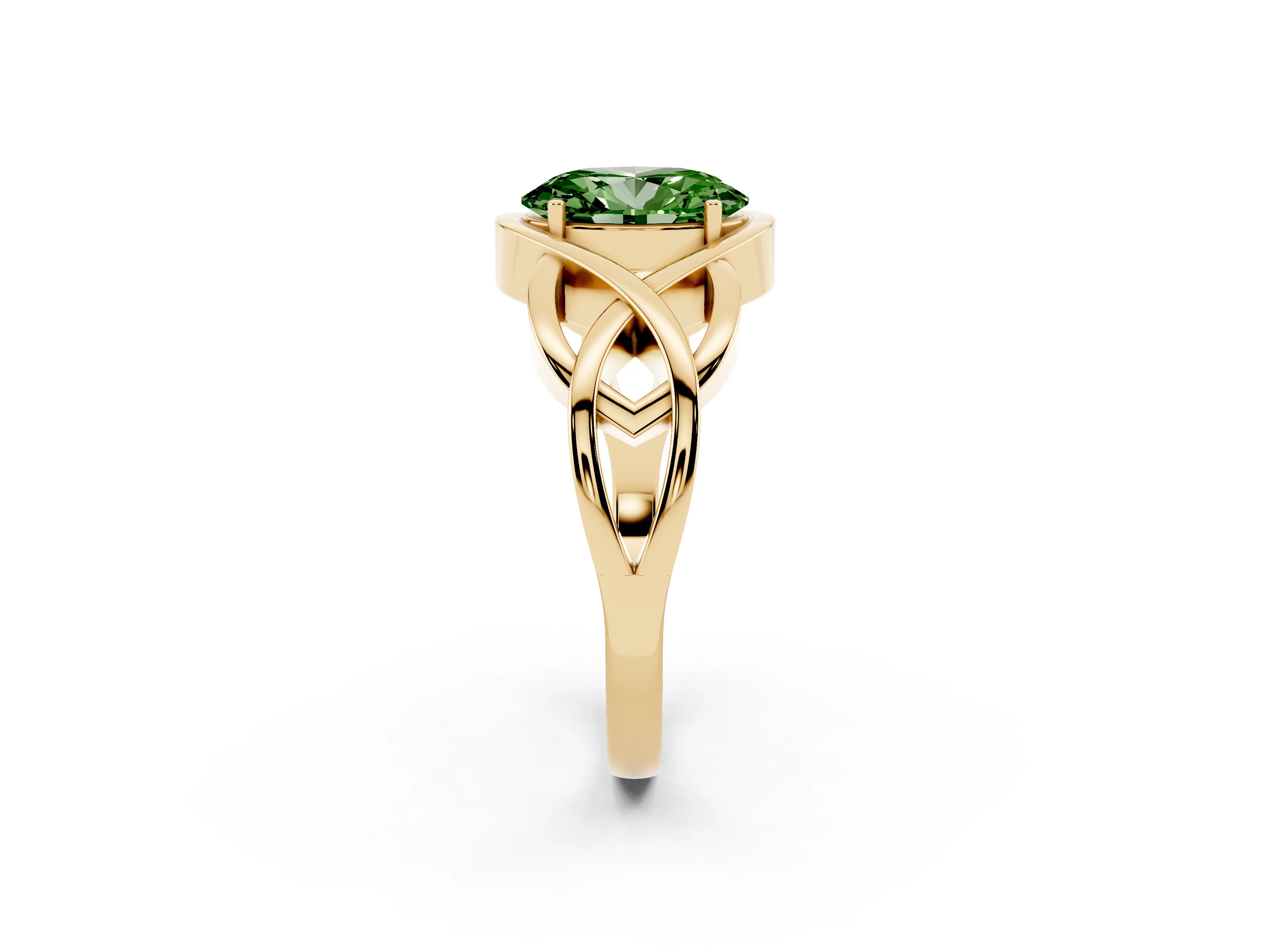 Fancy Green Oval Cut Diamond Solitaire Ring Set in Yellow gold with Intertwined Band