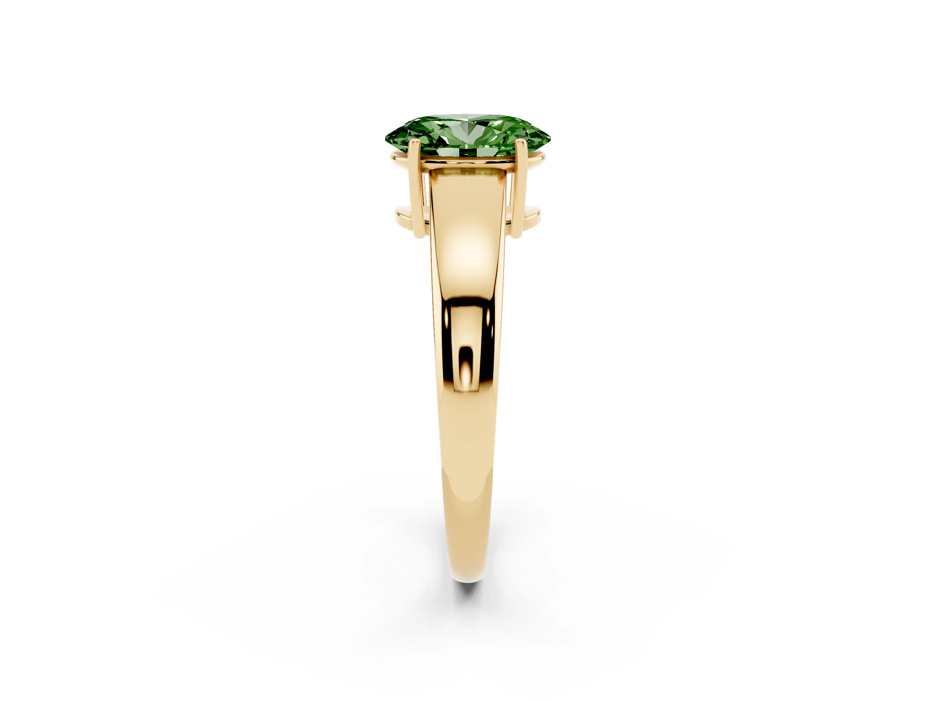 Fancy Green Oval Cut Diamond Solitaire Ring Set in Yellow gold with Tapered Band and Prong Setting