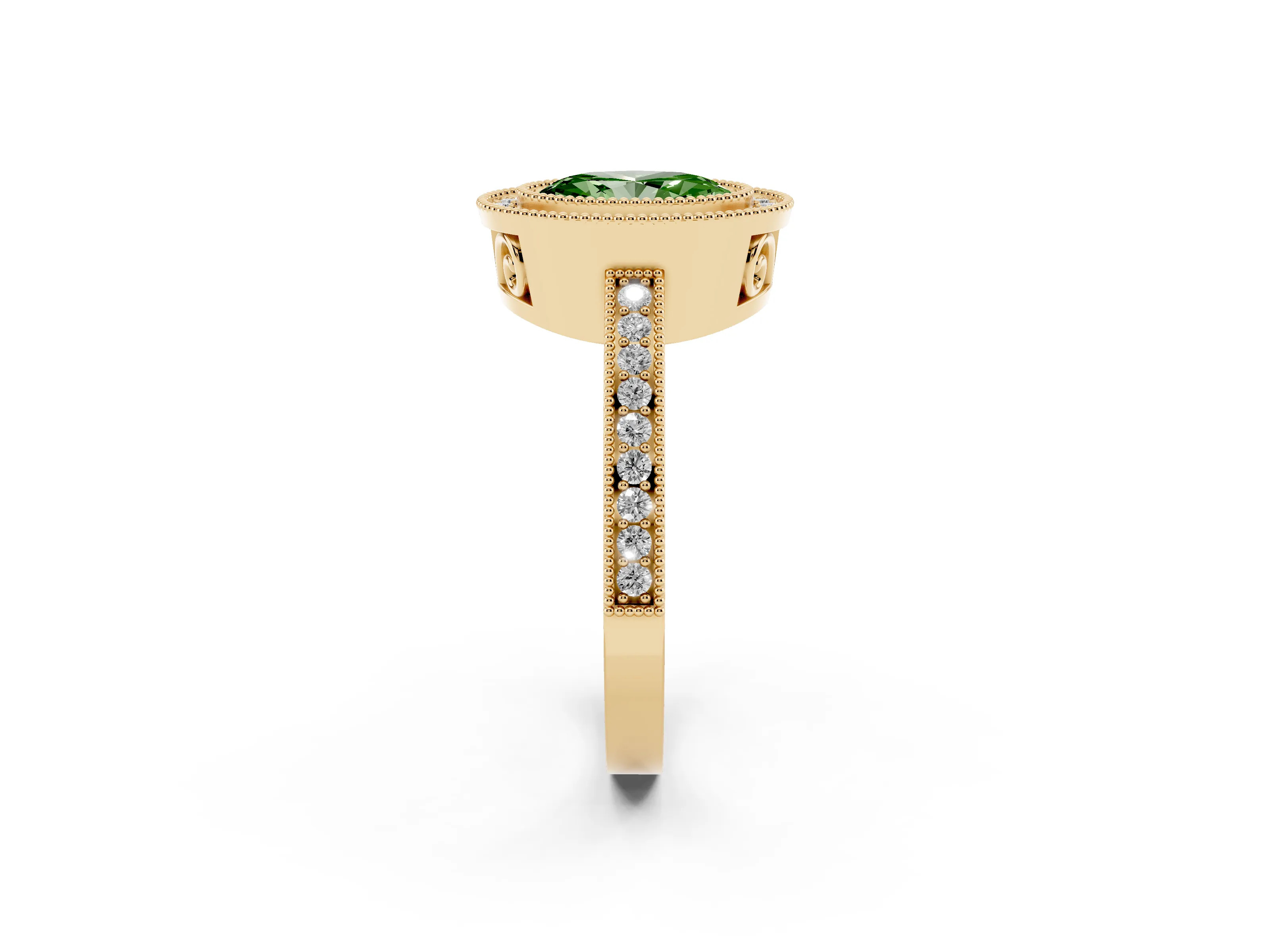 Fancy Green Oval Cut Diamond Round Halo Ring Set in Yellow gold with Pavé Band