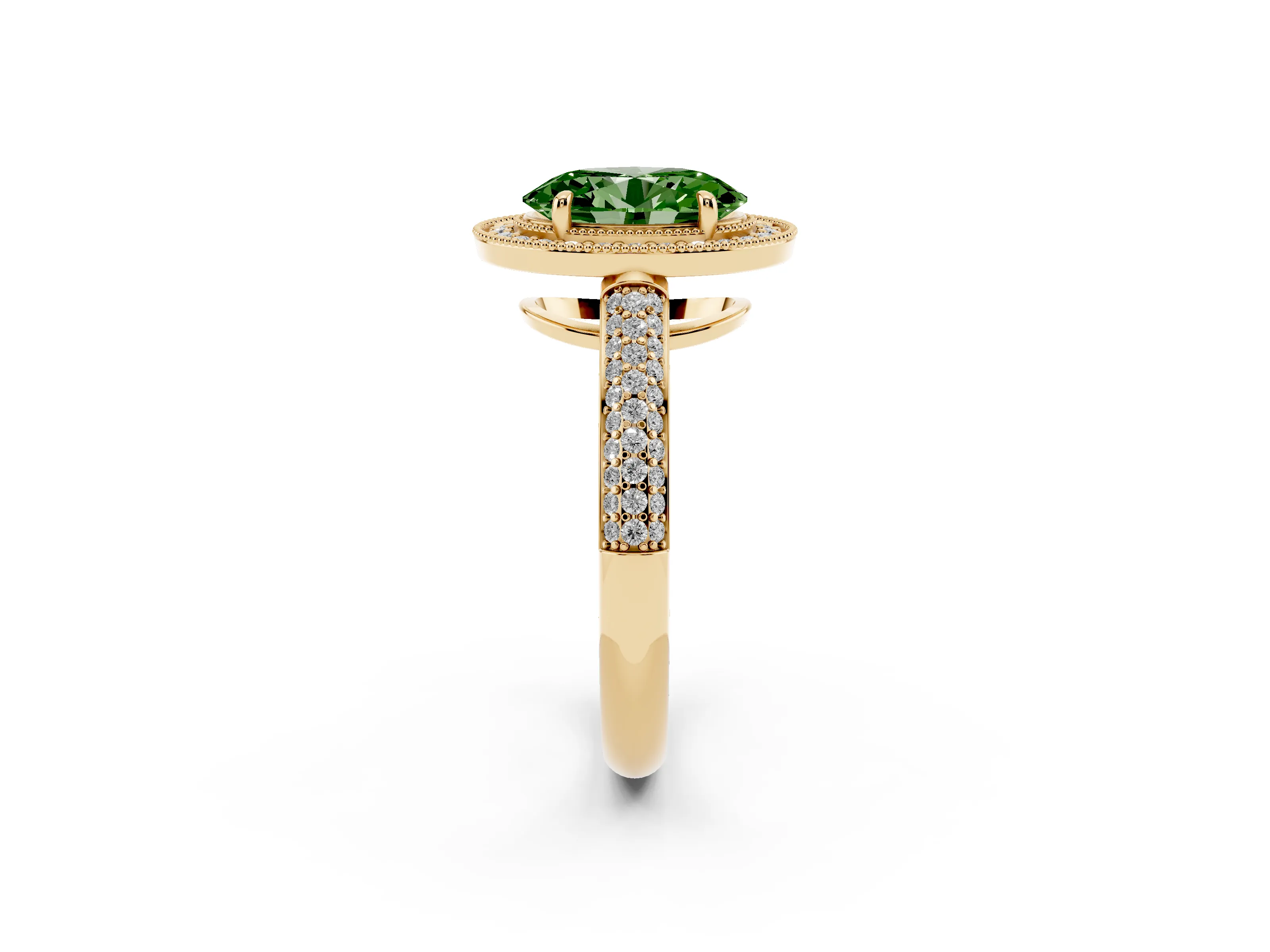 Fancy Green Oval Cut Diamond Halo Pavé Band Set in Yellow gold with Prong Setting