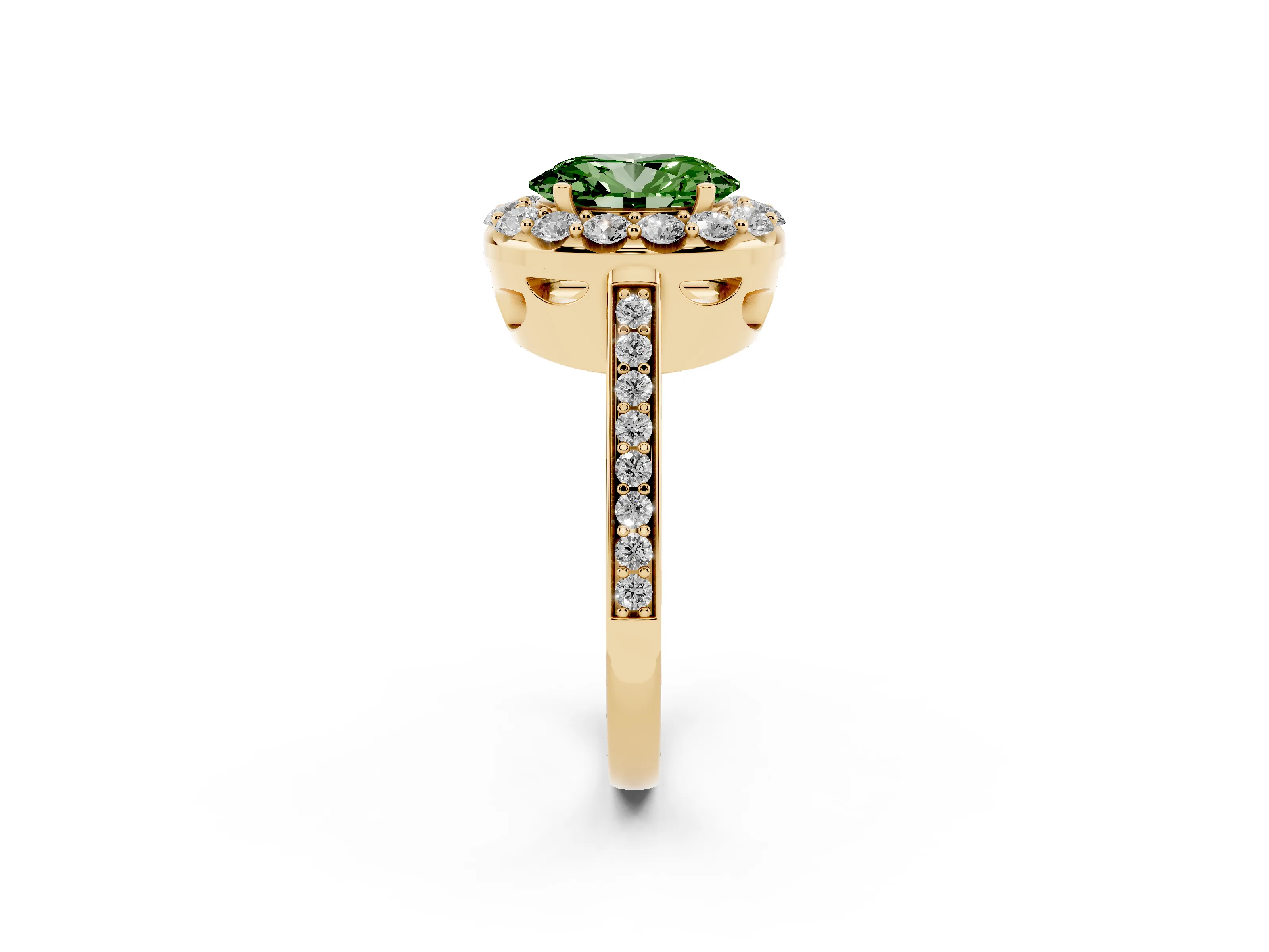 Fancy Green Oval Cut Diamond Floral Halo Ring Set in Yellow gold with Pavé Band and Prong Setting