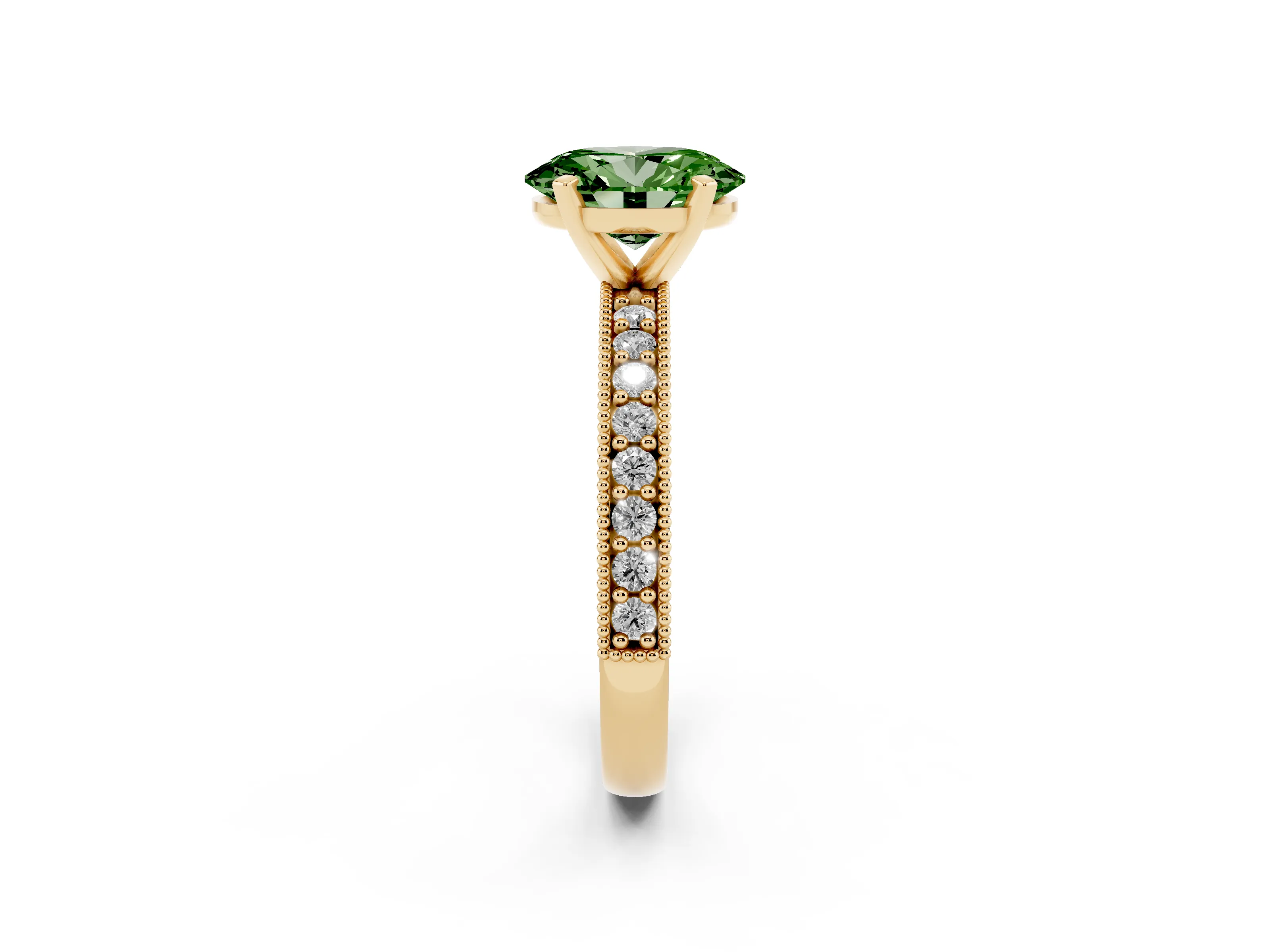 Fancy Green Oval Cut Diamond Milgrain Pavé Engagement Ring Set in Yellow gold with Prong Setting