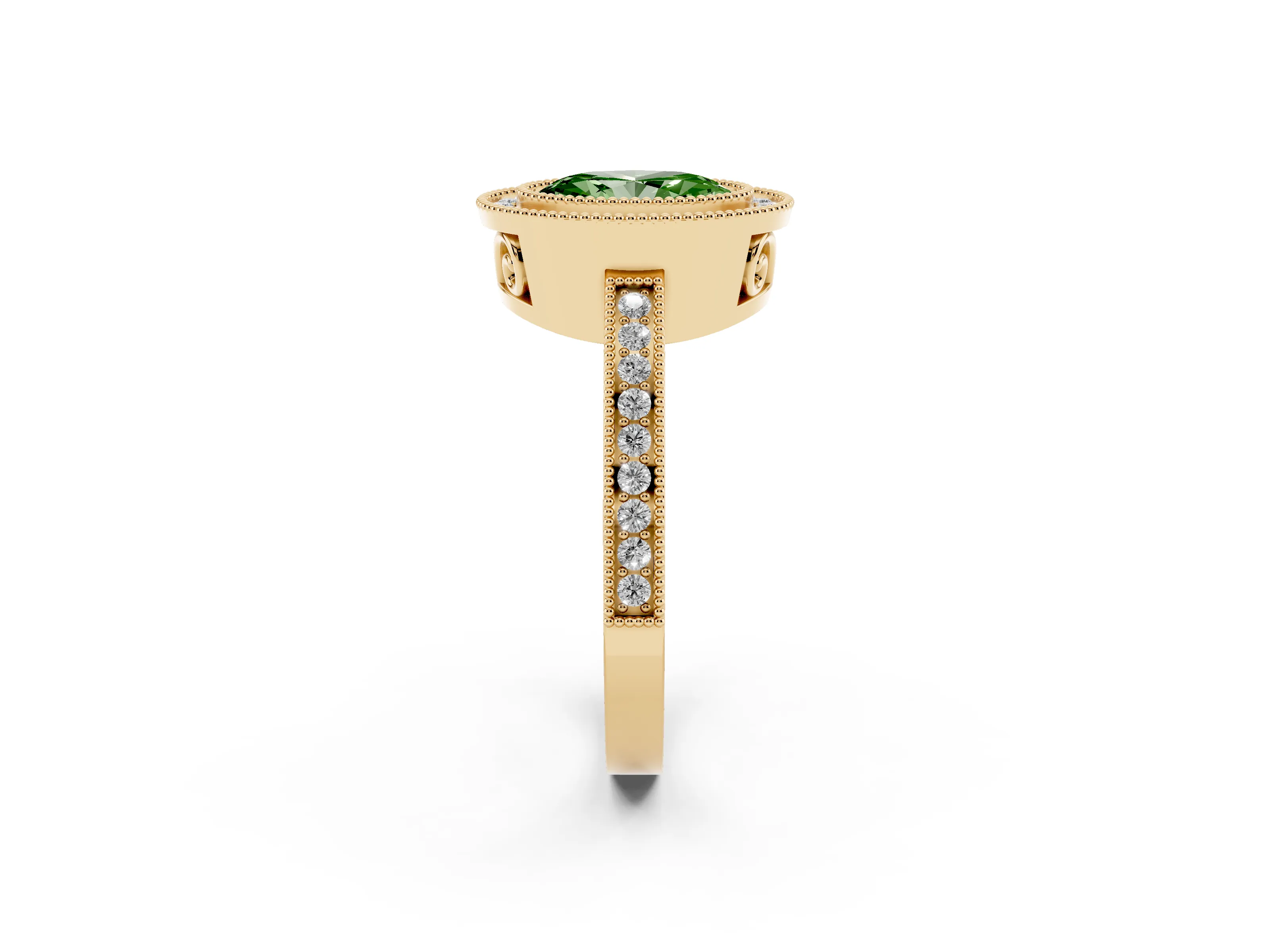 Fancy Green Oval Cut Diamond Halo Ring Set in Yellow gold with Pavé Band and Milgrain-Edged Prongs