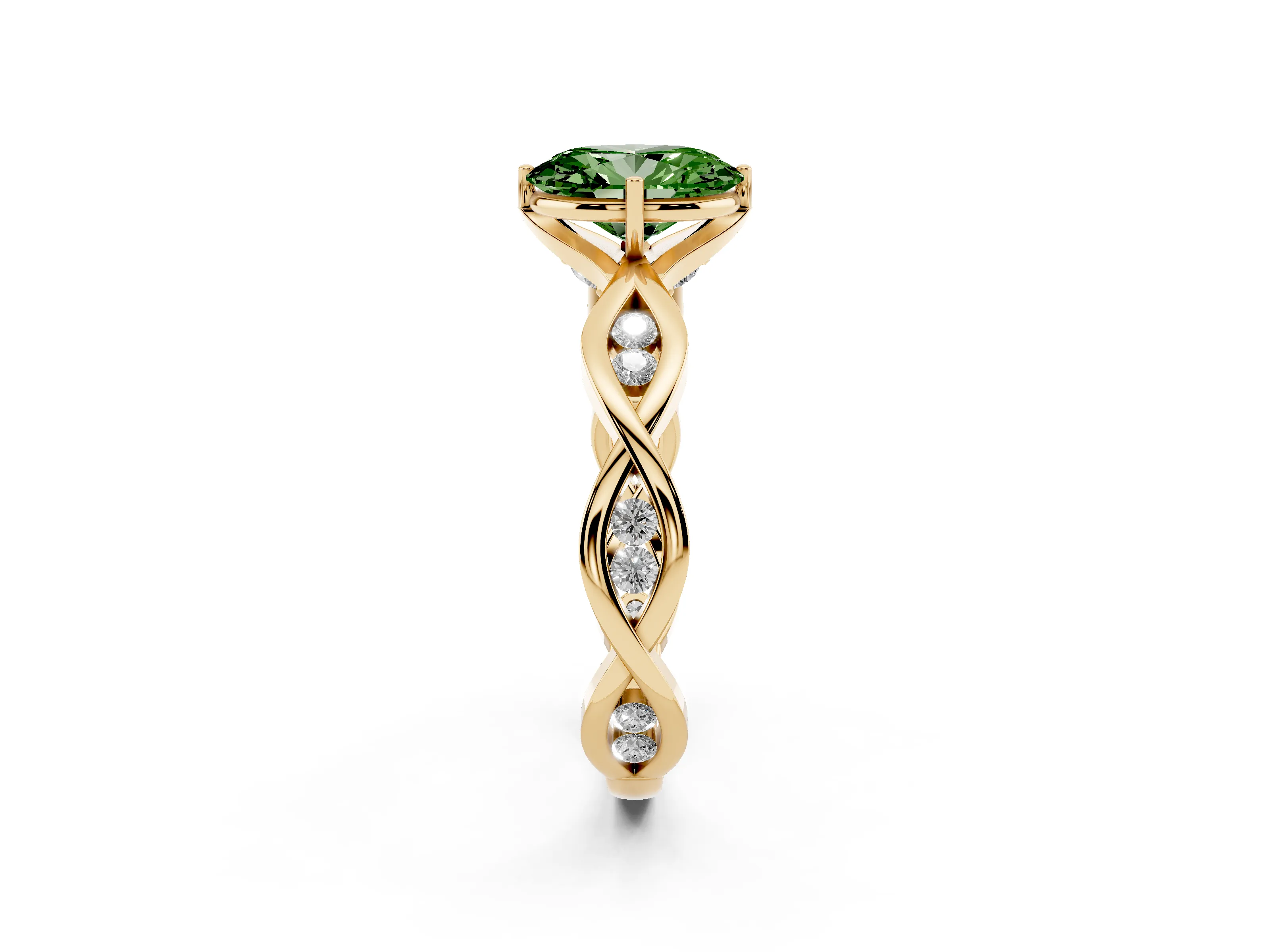 Fancy Green Oval Cut Diamond Twist Band Solitaire Ring Set in Yellow gold with Leaf Prong Setting and Accent Stones