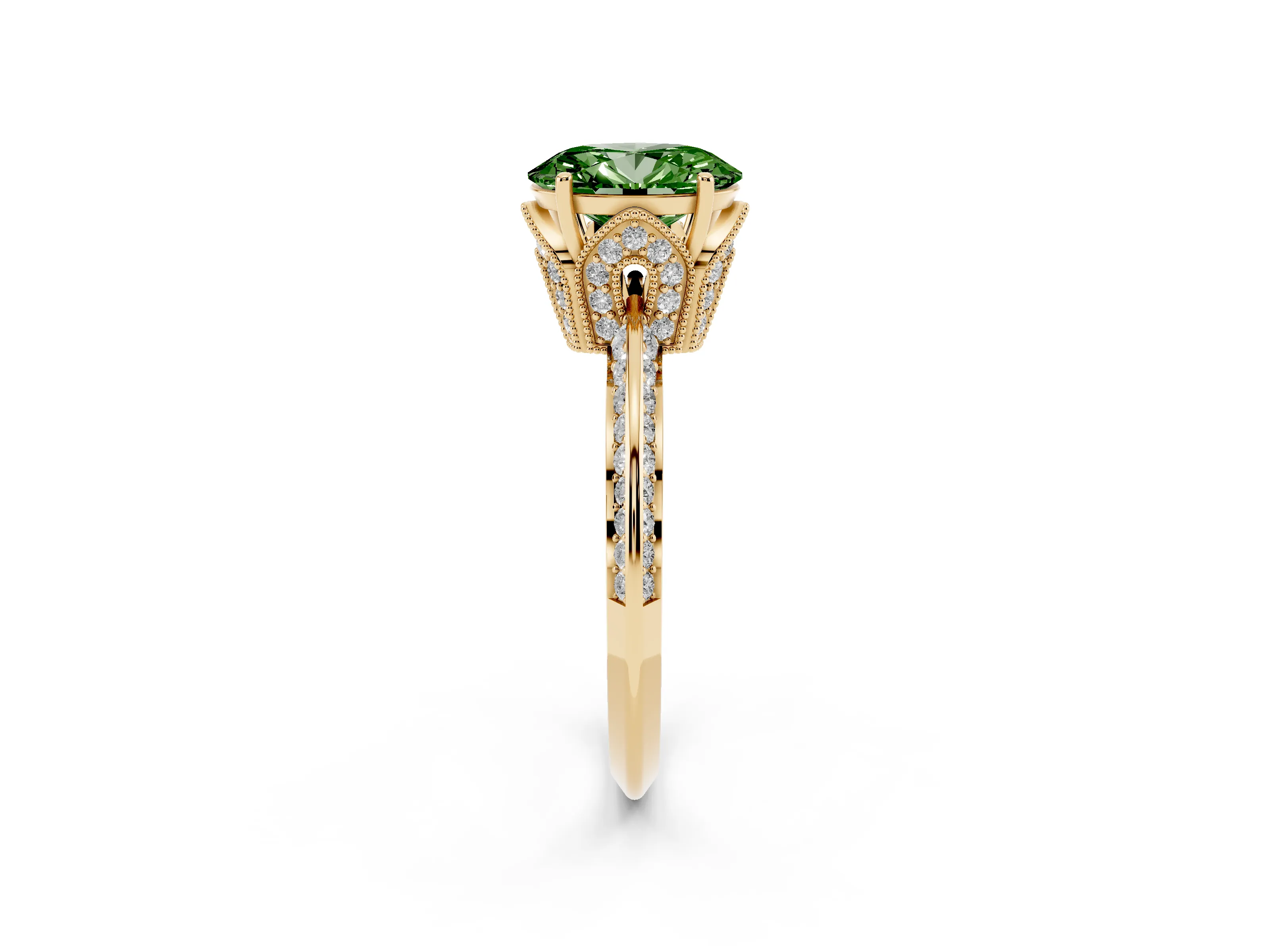Fancy Green Oval Cut Diamond Solitaire Engagement Ring Set in Yellow gold with Pavé Split Shank and Prong Setting