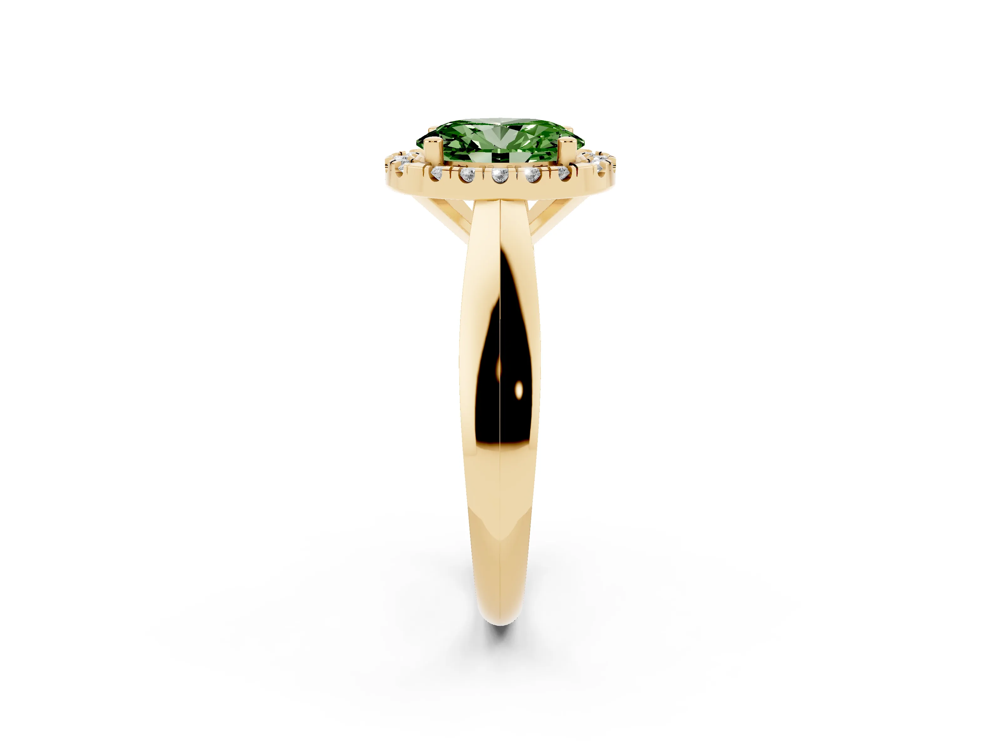 Fancy Green Oval Cut Diamond Halo Solitaire Engagement Ring Set in Yellow gold with Square Band and Prong Setting
