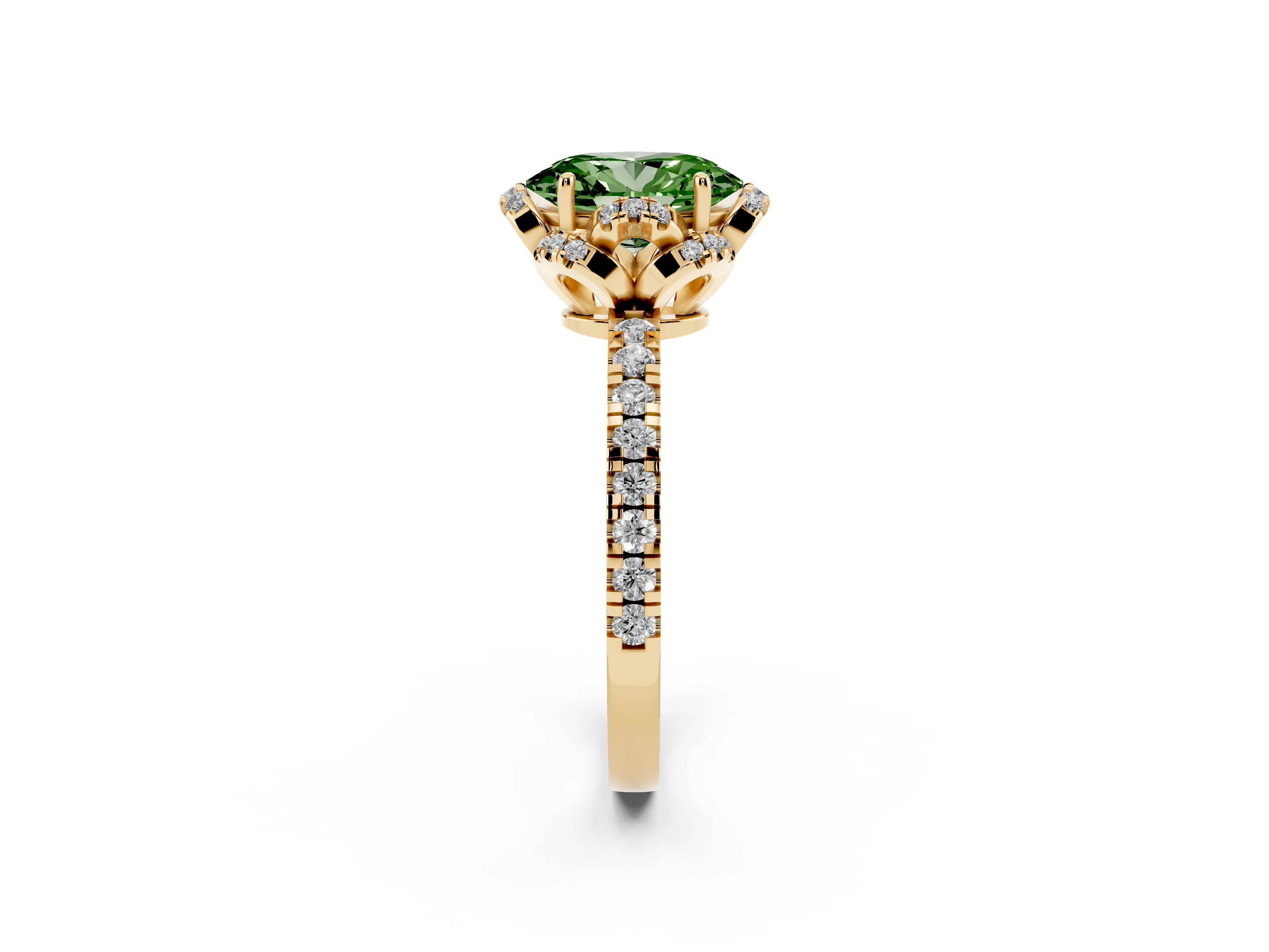 Fancy Green Oval Cut Diamond Halo Pavé Band Ring Set in Yellow gold with Prong-Held Center