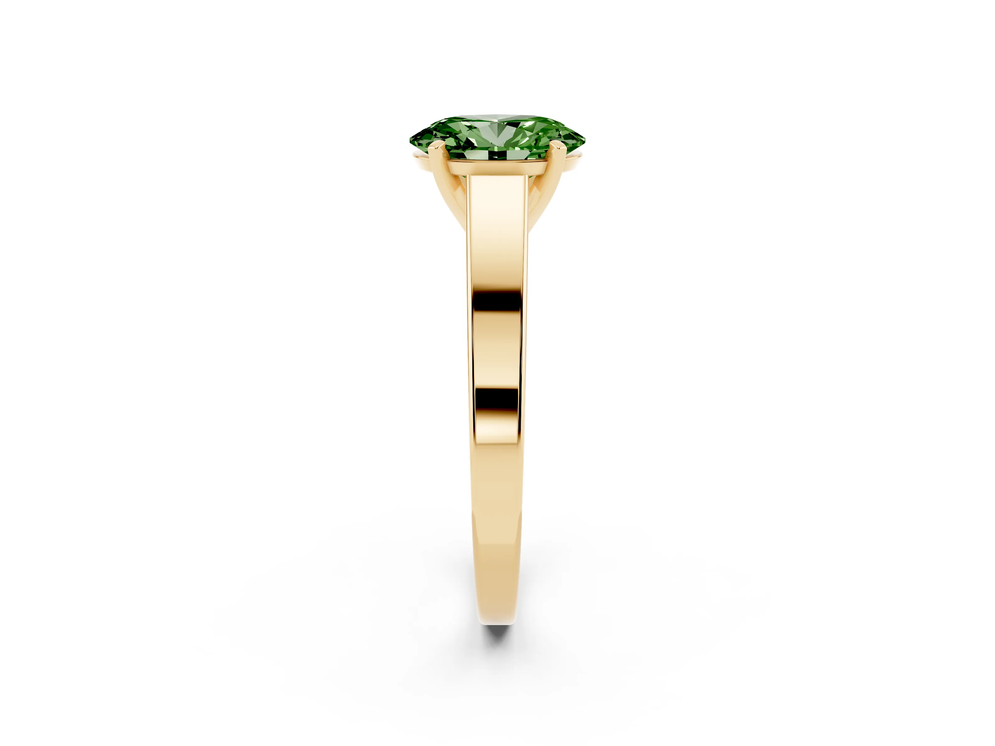 Fancy Green Oval Cut Diamond Solitaire Engagement Ring Set in Yellow gold with Prong Setting and Tapered Band