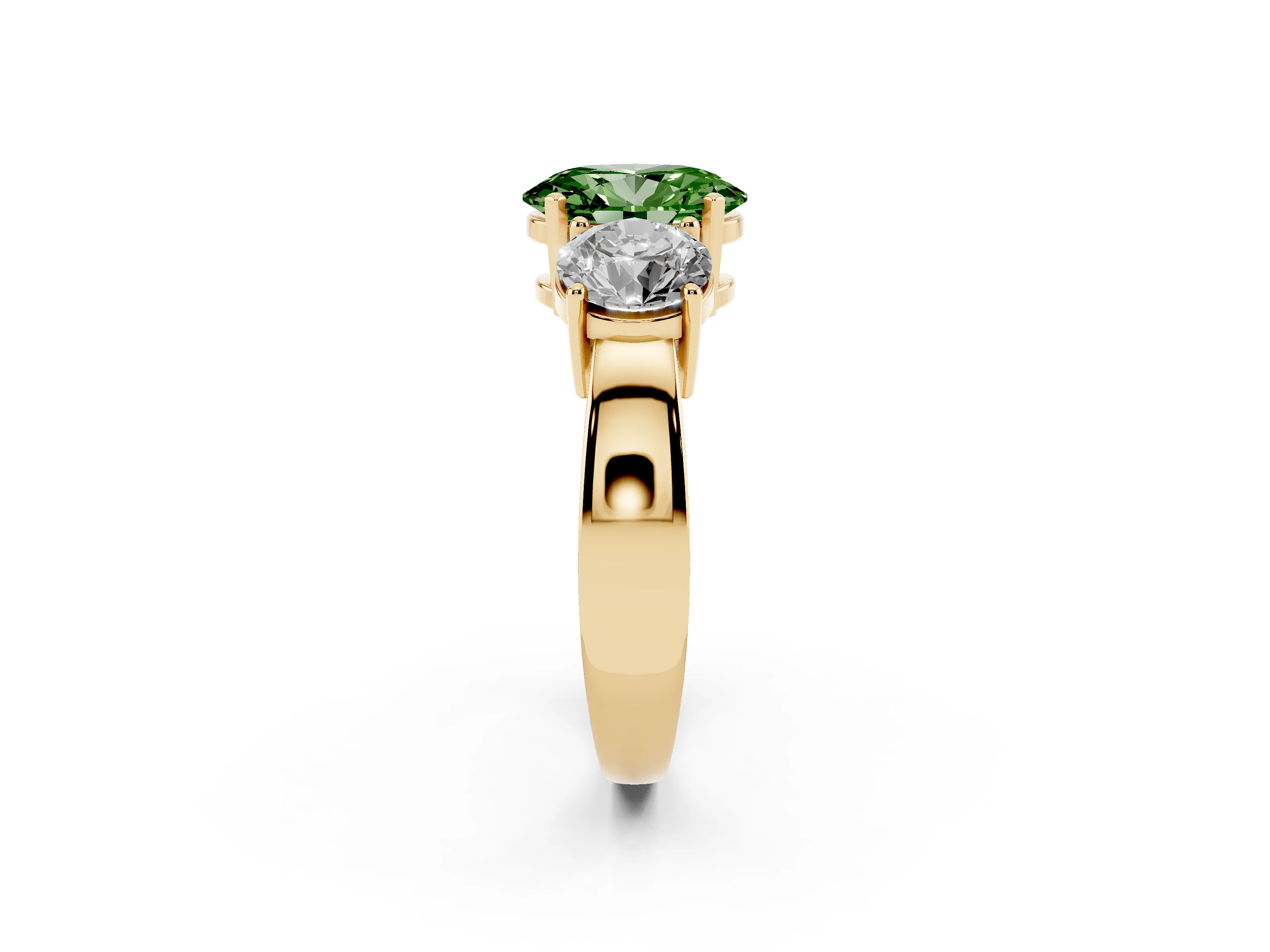 Fancy Green Oval Cut Diamond Three-Stone Ring Set in Yellow gold with Round Side Stones and Classic Band