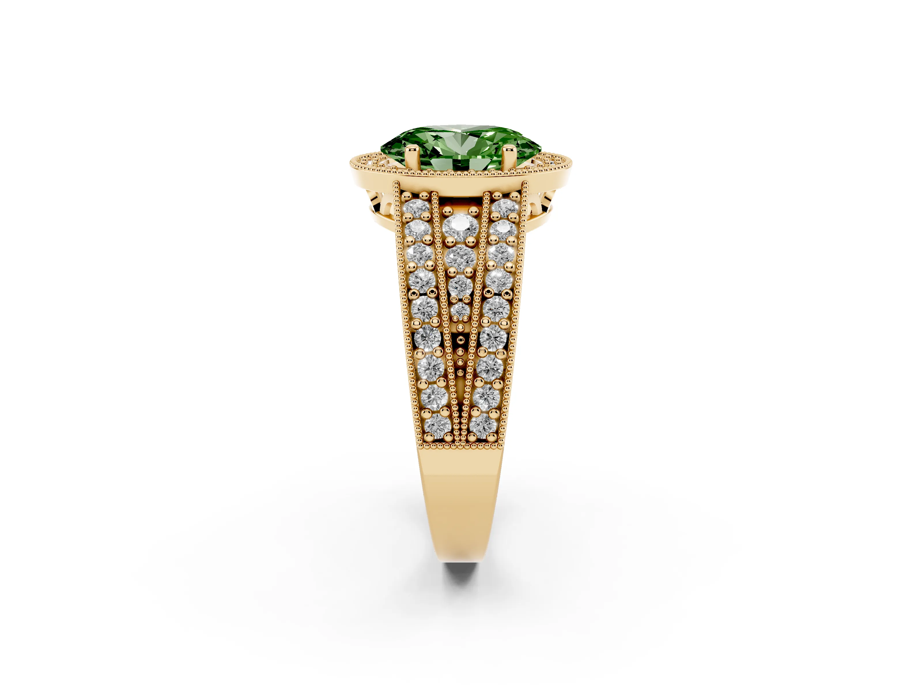 Fancy Green Oval Cut Diamond Halo Ring Set in Yellow gold with Accent Split Shank and Prong Setting