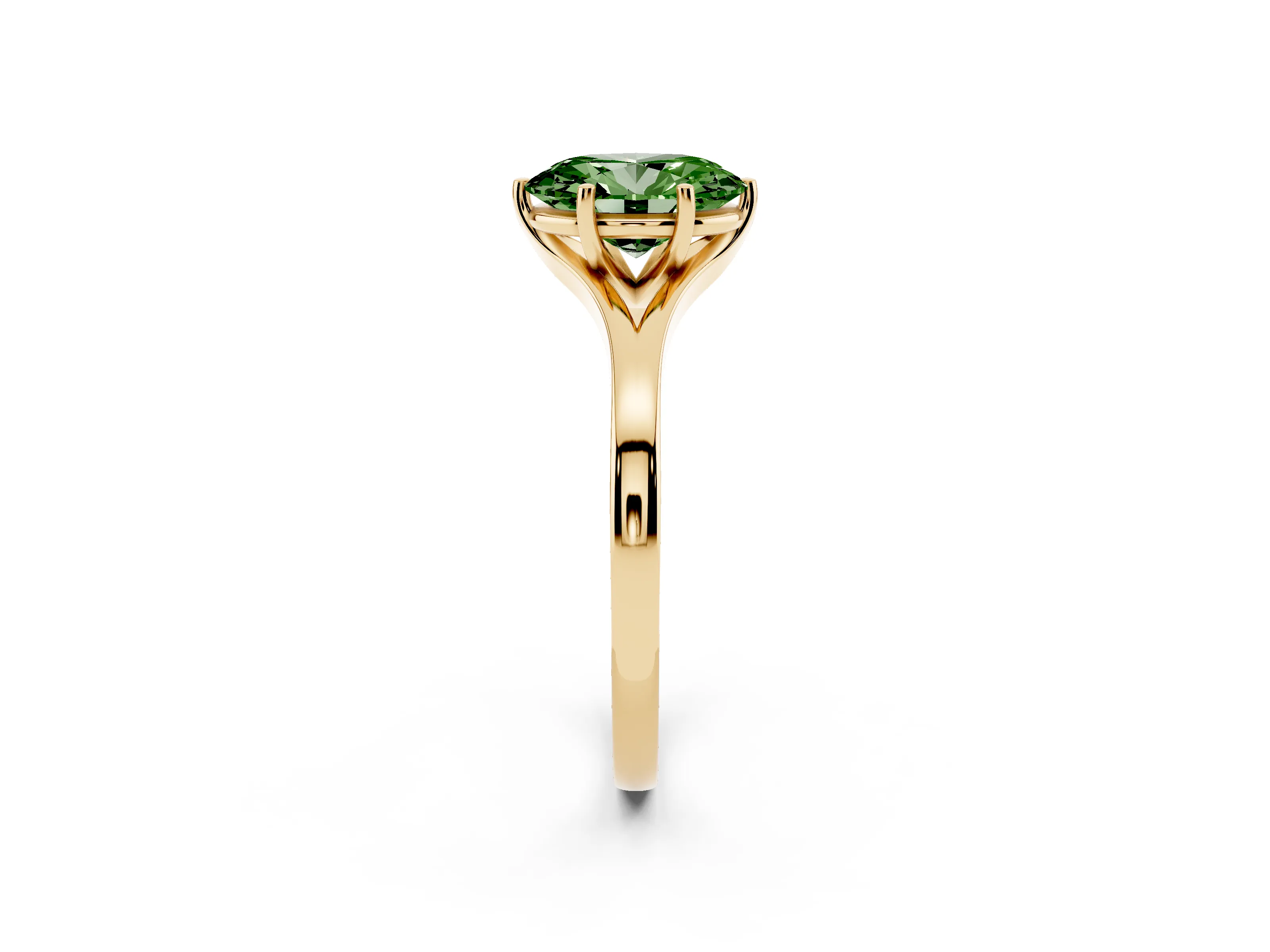 Fancy Green Oval Cut Diamond Solitaire Ring Set in Yellow gold with Polished Tapered Band and Prong Setting