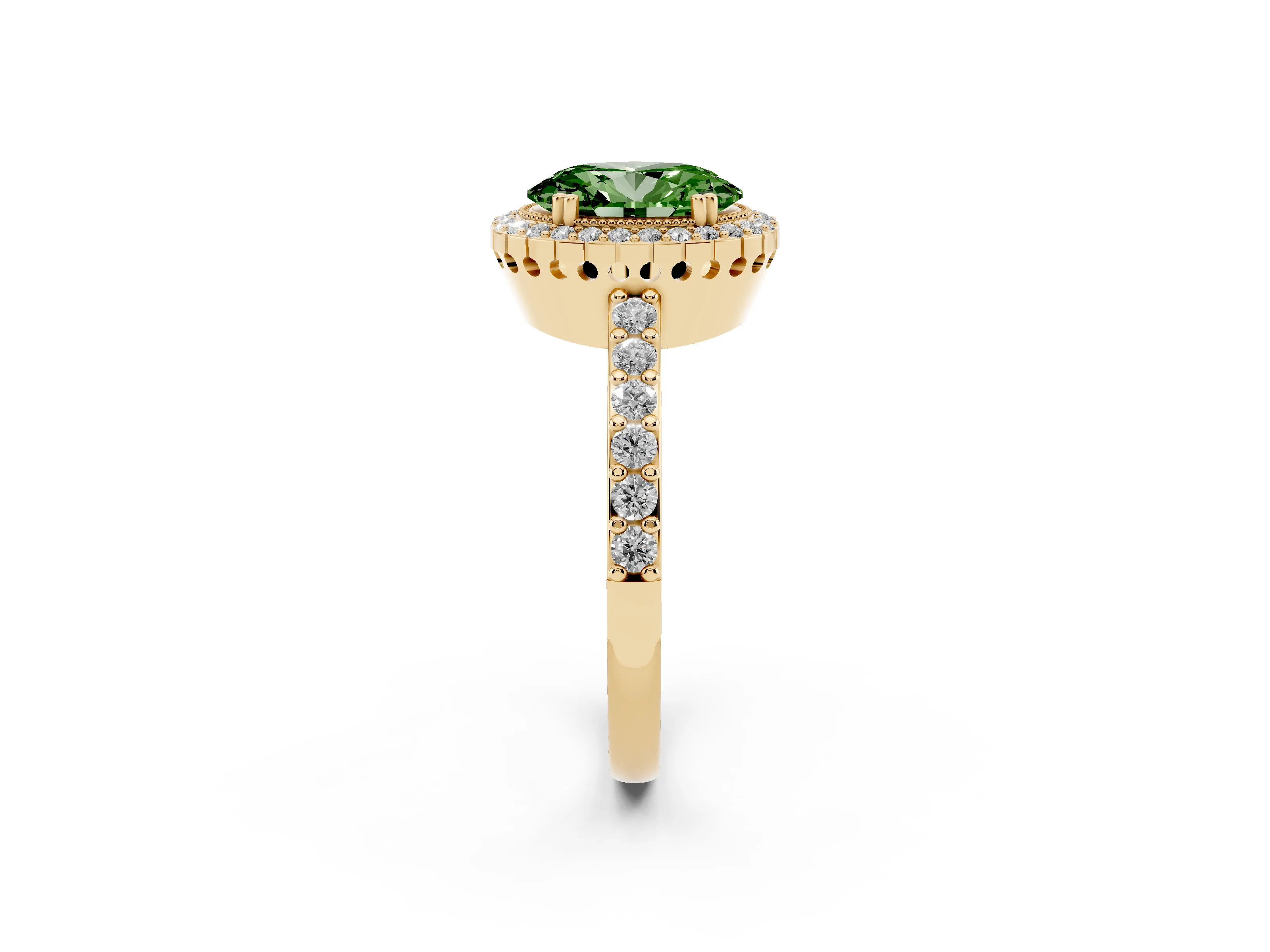 Fancy Green Oval Cut Diamond Halo Engagement Ring Set in Yellow gold with Milgrain Detail and Pavé Band