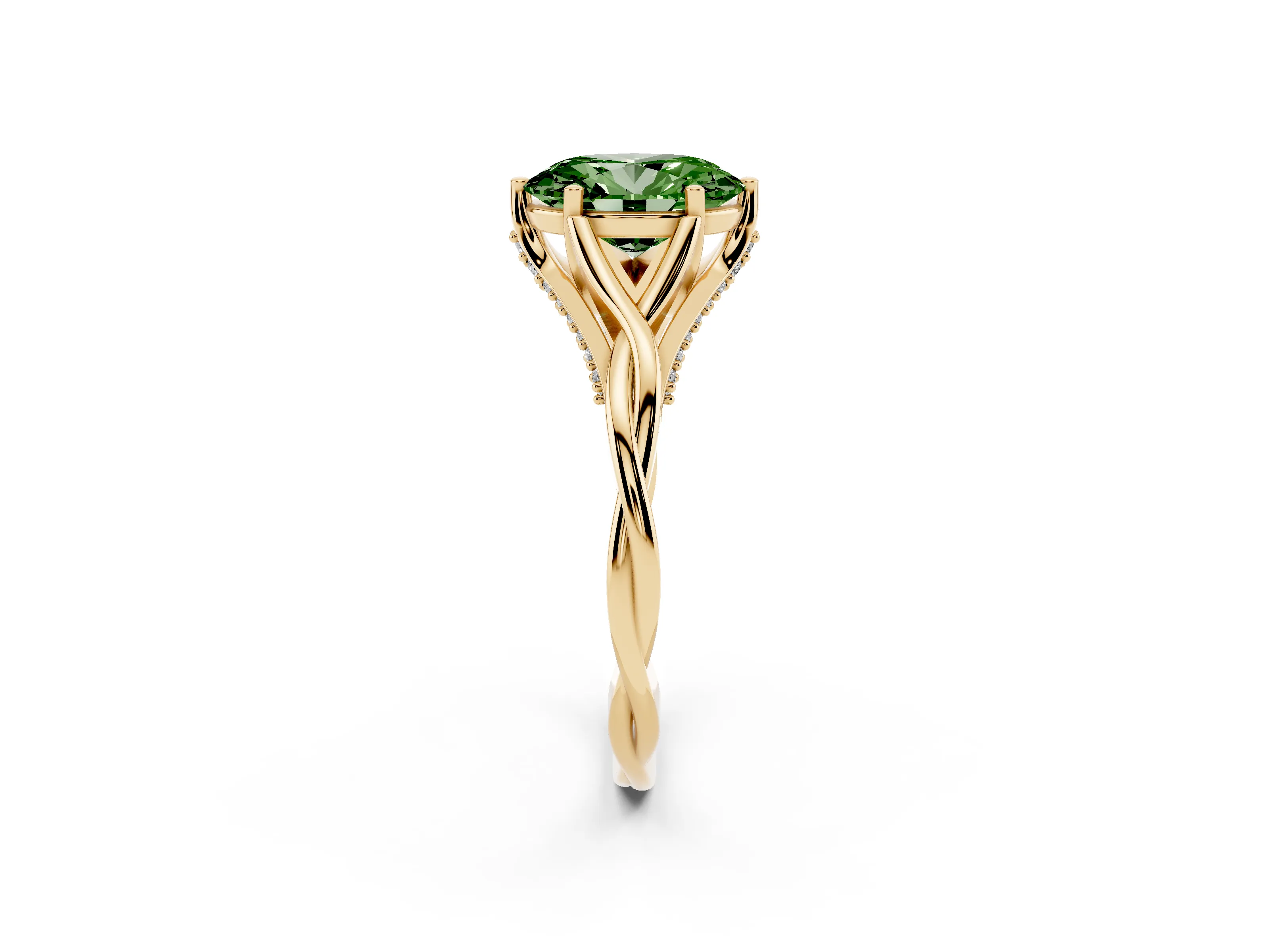 Fancy Green Oval Cut Diamond Intertwined Twist Band Solitaire Ring Set in Yellow gold with Prong Setting