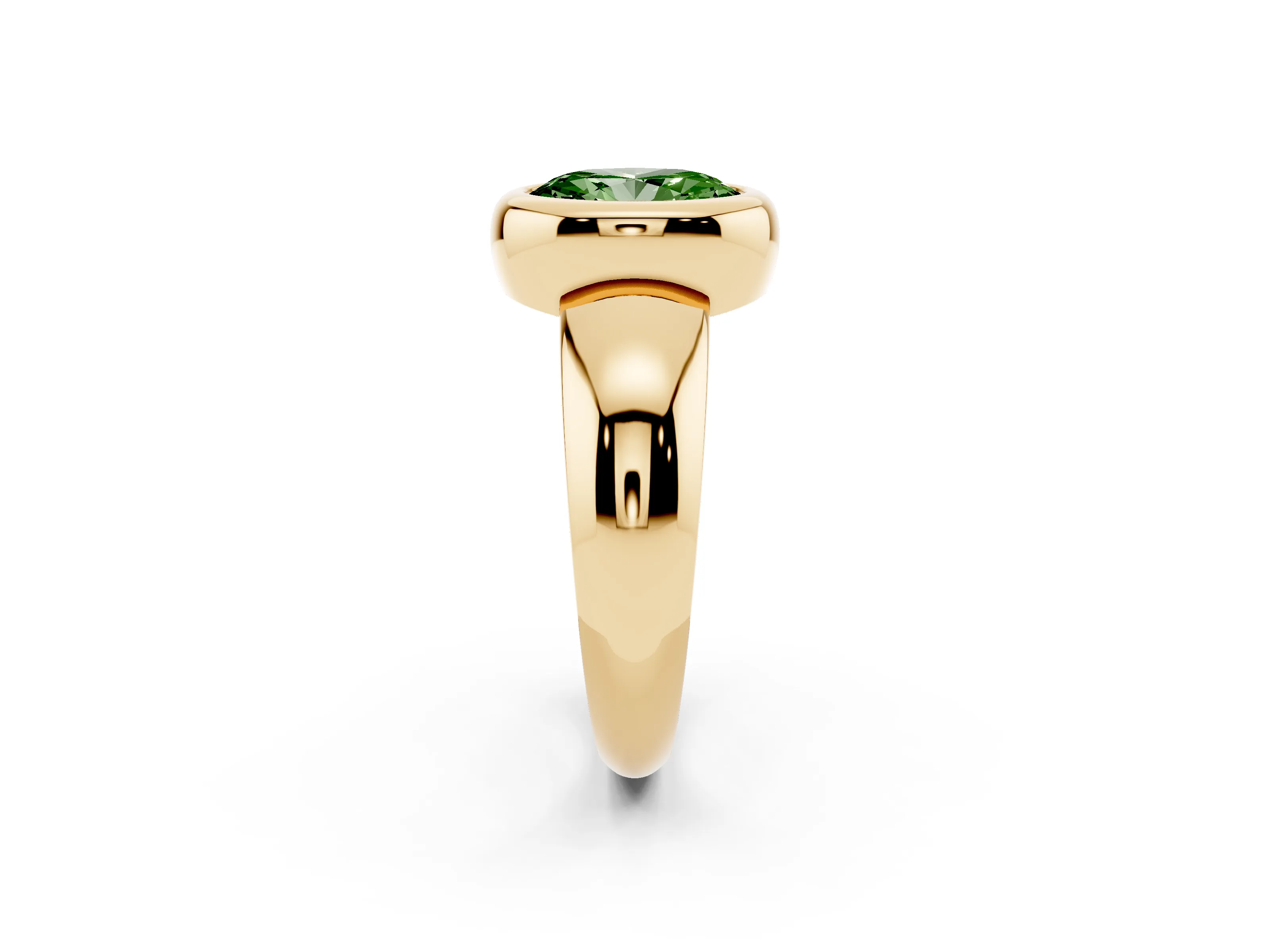 Fancy Green Bezel Set Oval Cut Diamond Solitaire Ring Set in Yellow gold with Wide Band
